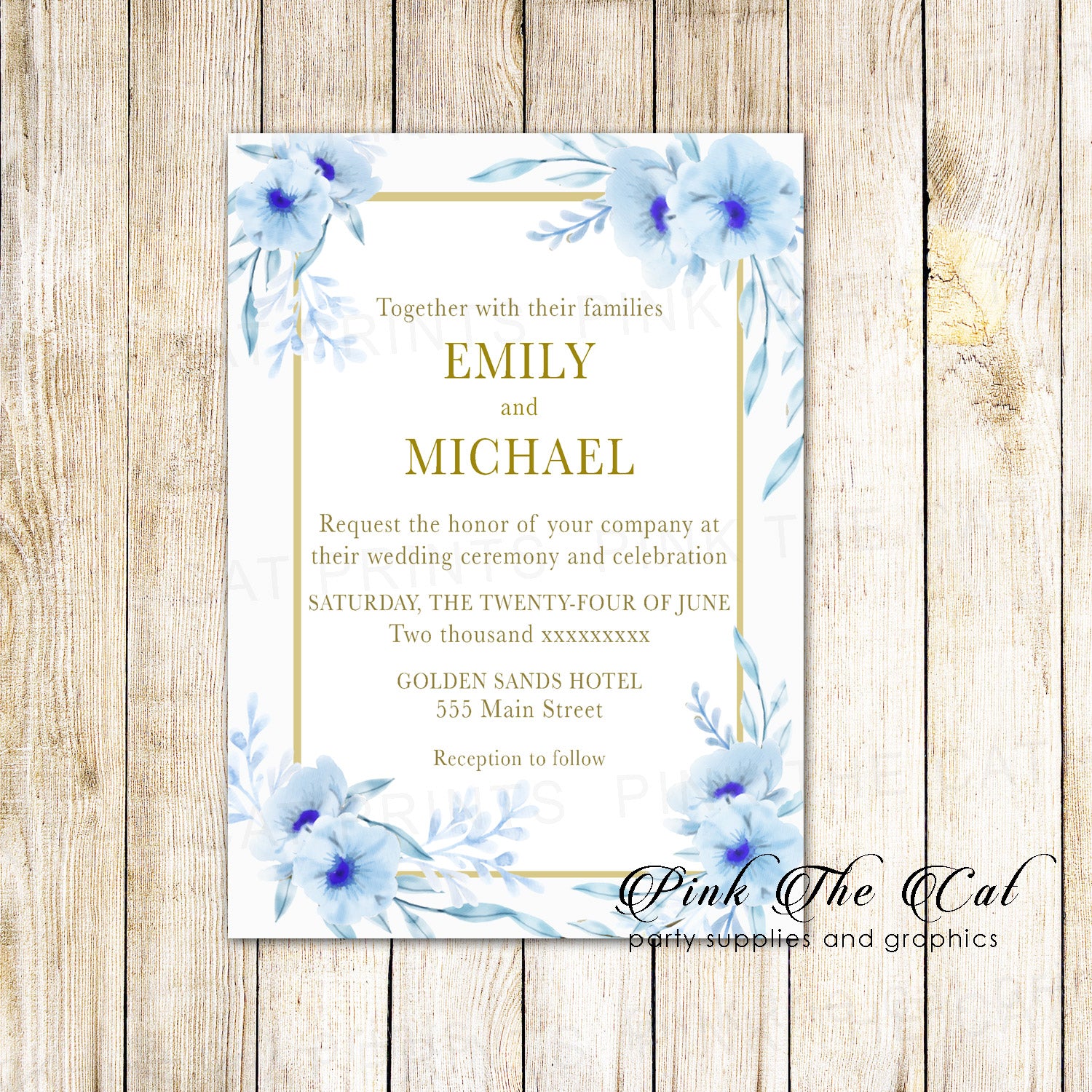 100 Wedding Invitations Floral Blue Gold Personalized Watercolor
