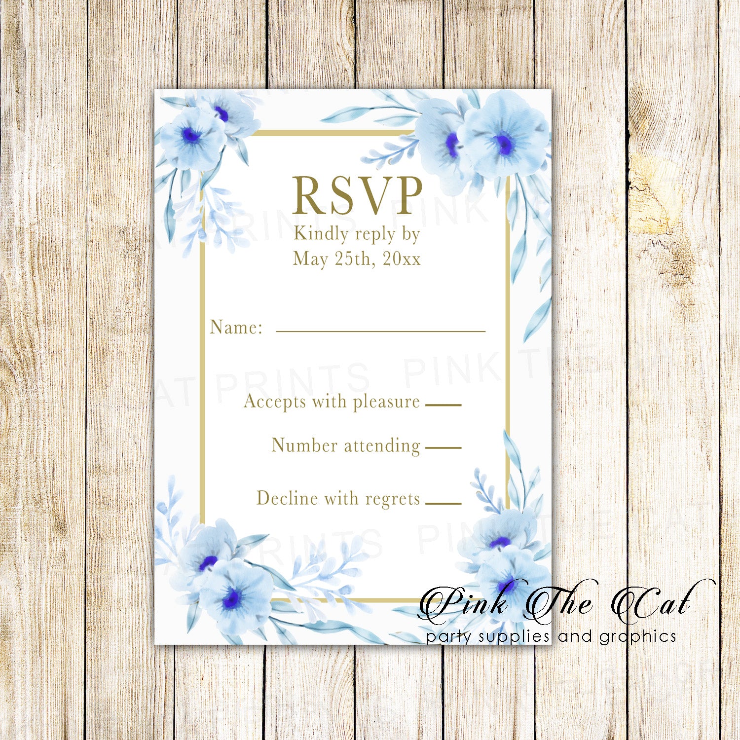 100 RSVP cards floral gold light blue watercolor personalized