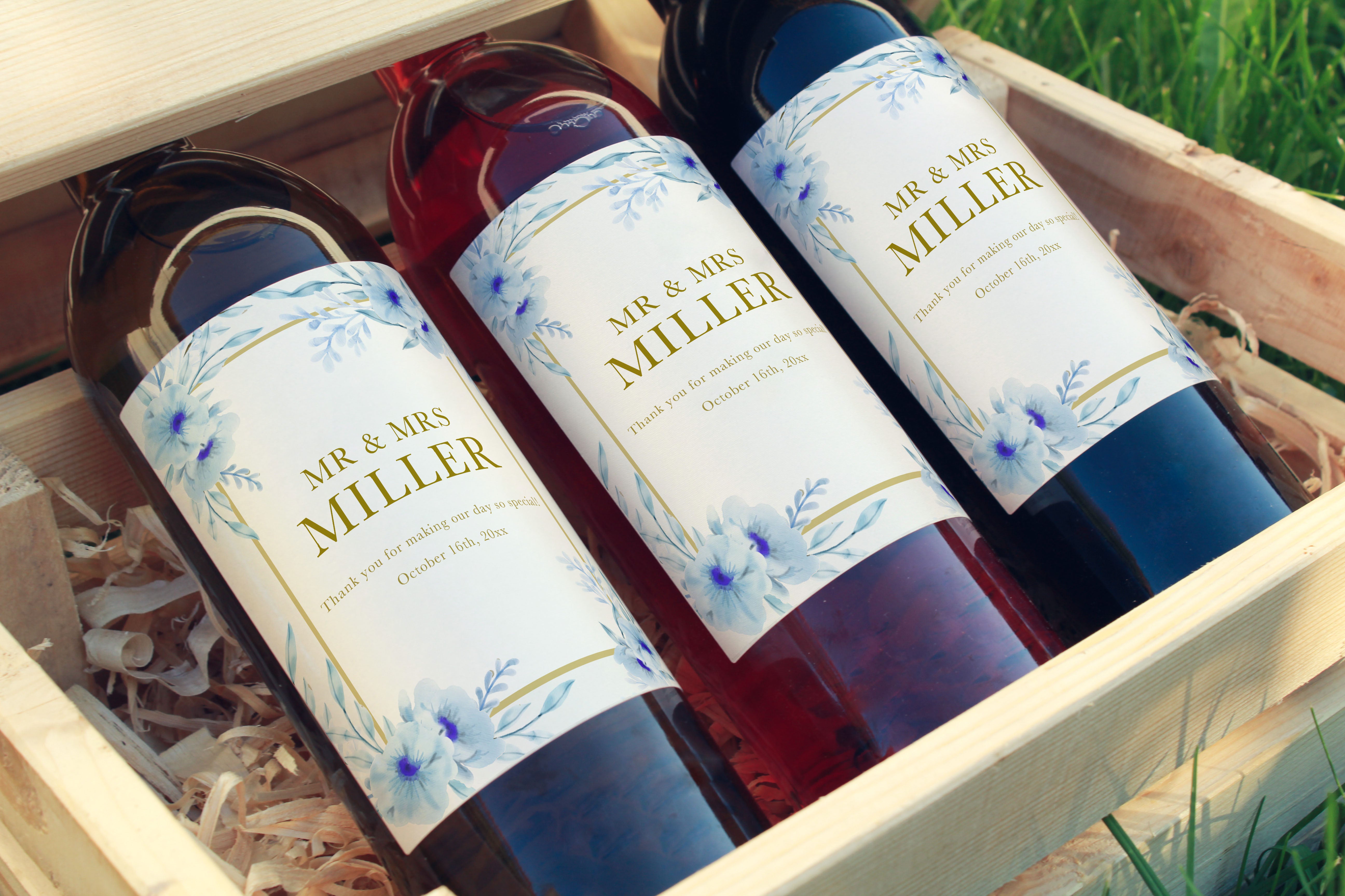 Wine Bottle Labels Floral Blue Gold Wedding Printable
