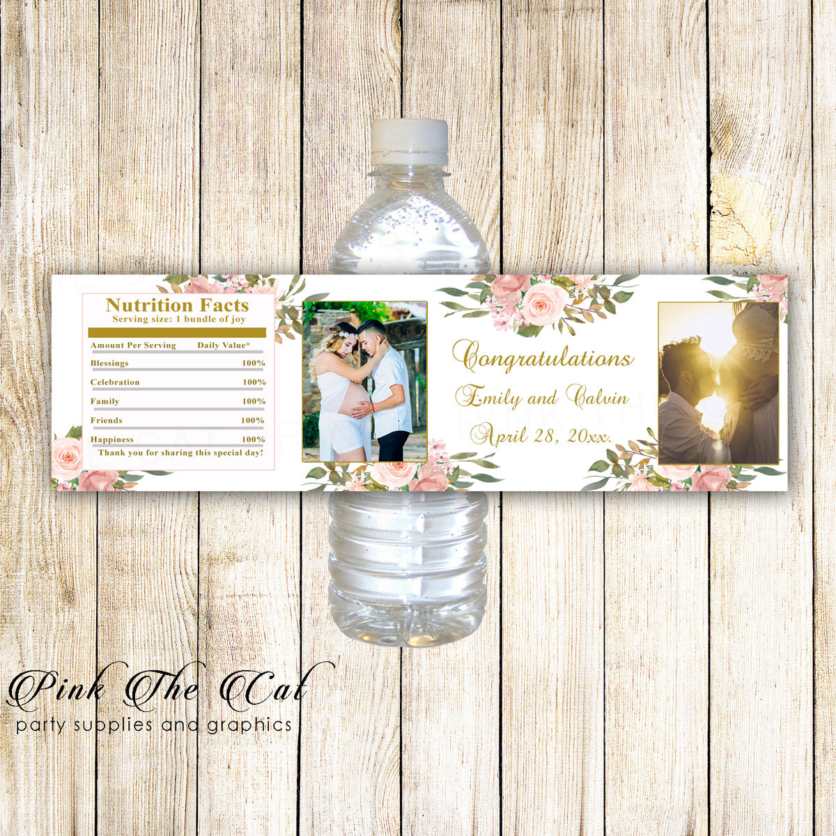 Blush pink gold baby shower bottle label printable