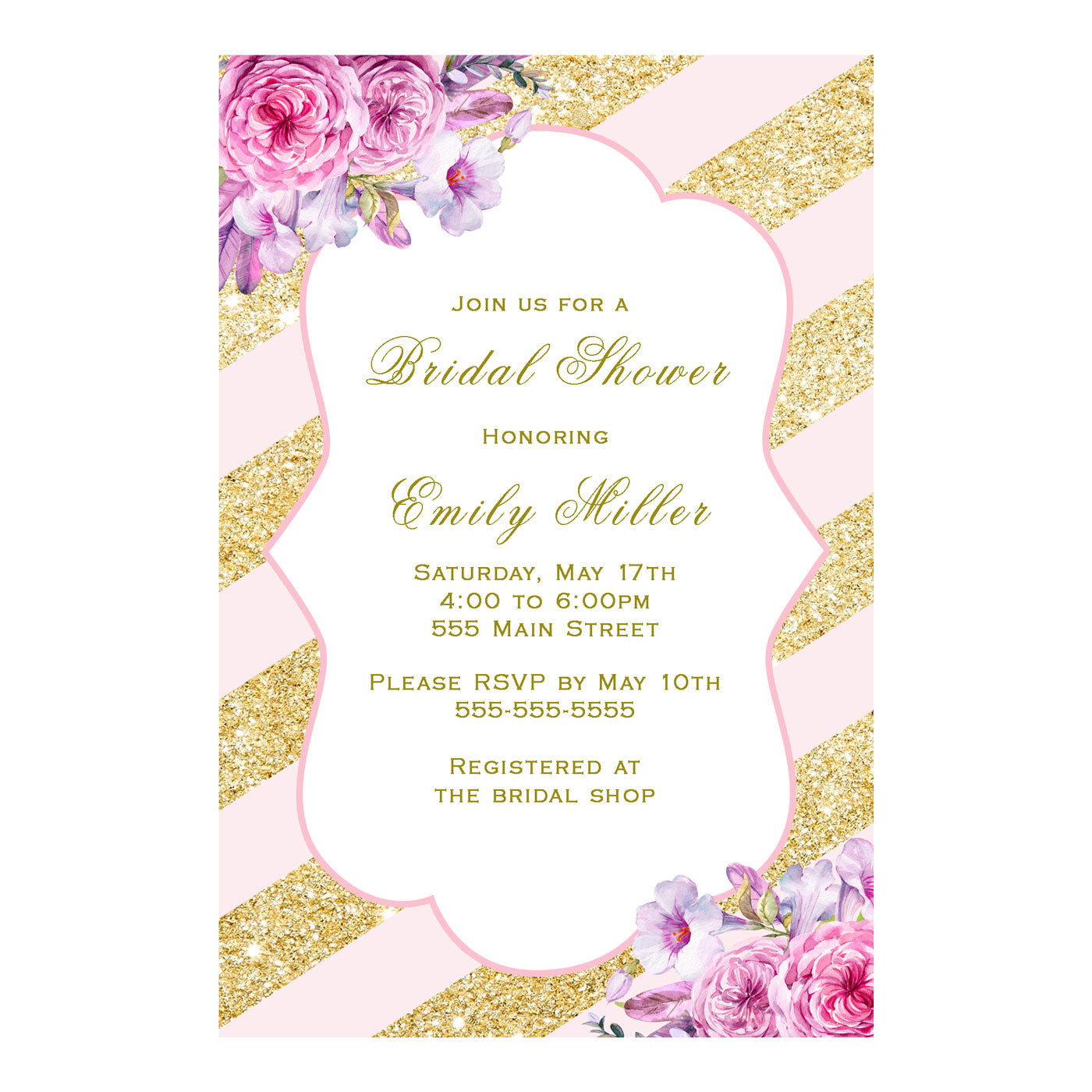 Bridal shower invitation glitter gold blush pink printable