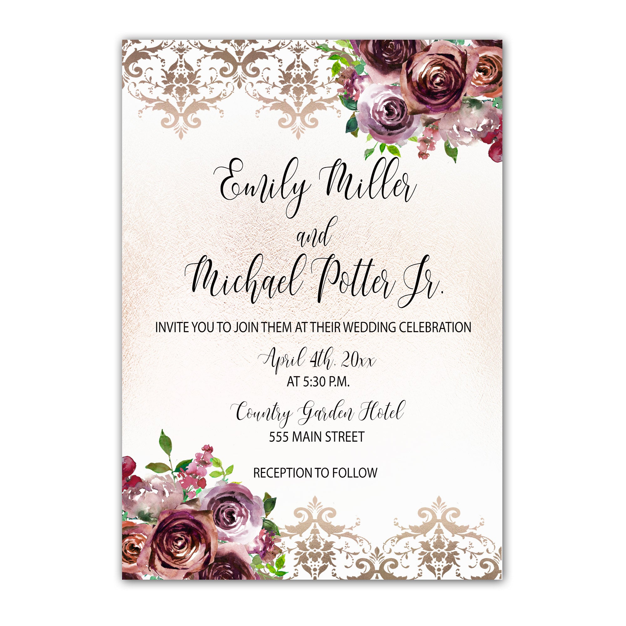 Floral Burgundy Gold Wedding Invitation Printable