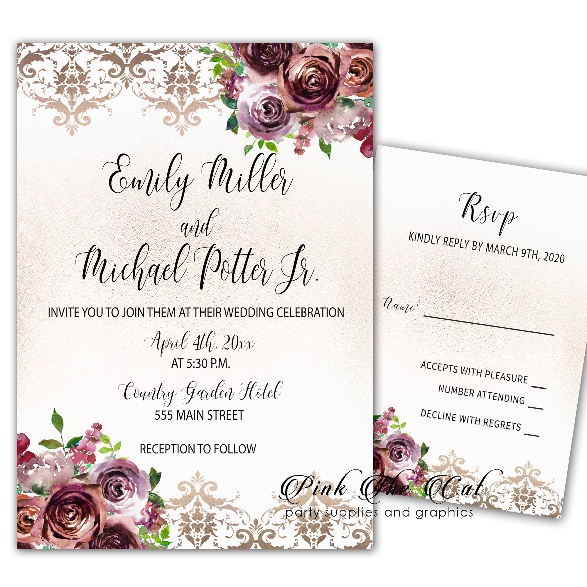 Burgundy floral wedding invitations (set of 100)