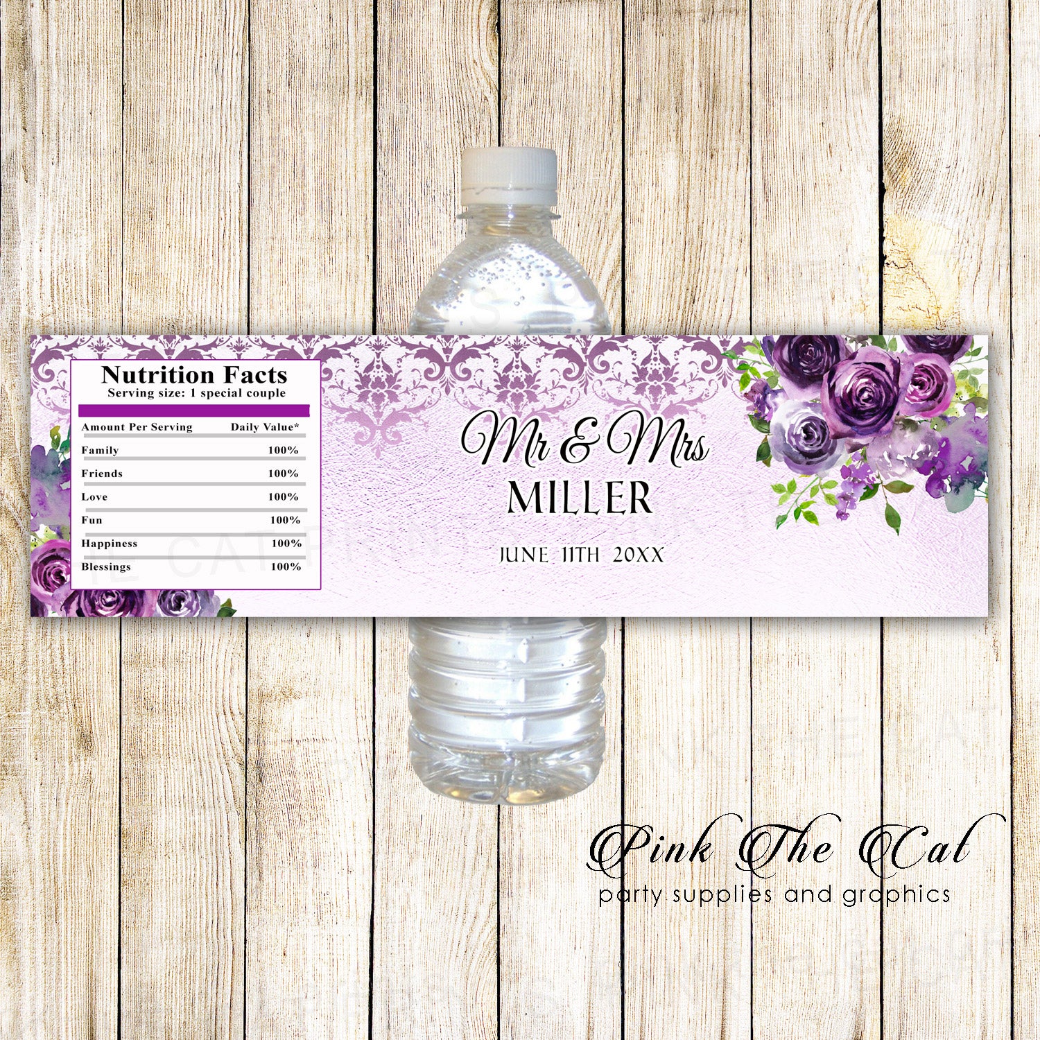 Floral Bottle Labels Purple Damask Watercolor Wedding