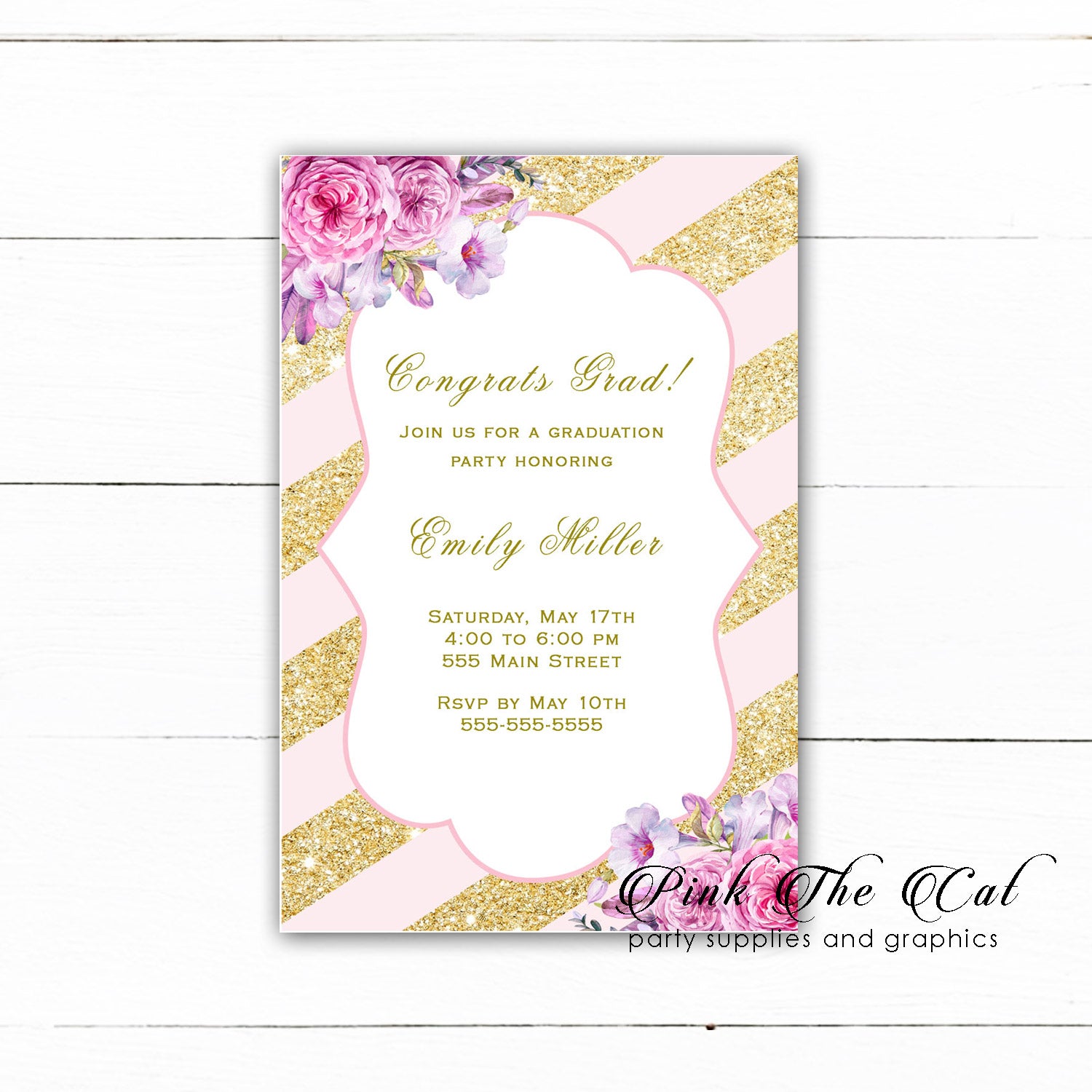 Girl graduation invitations blush pink gold floral printable