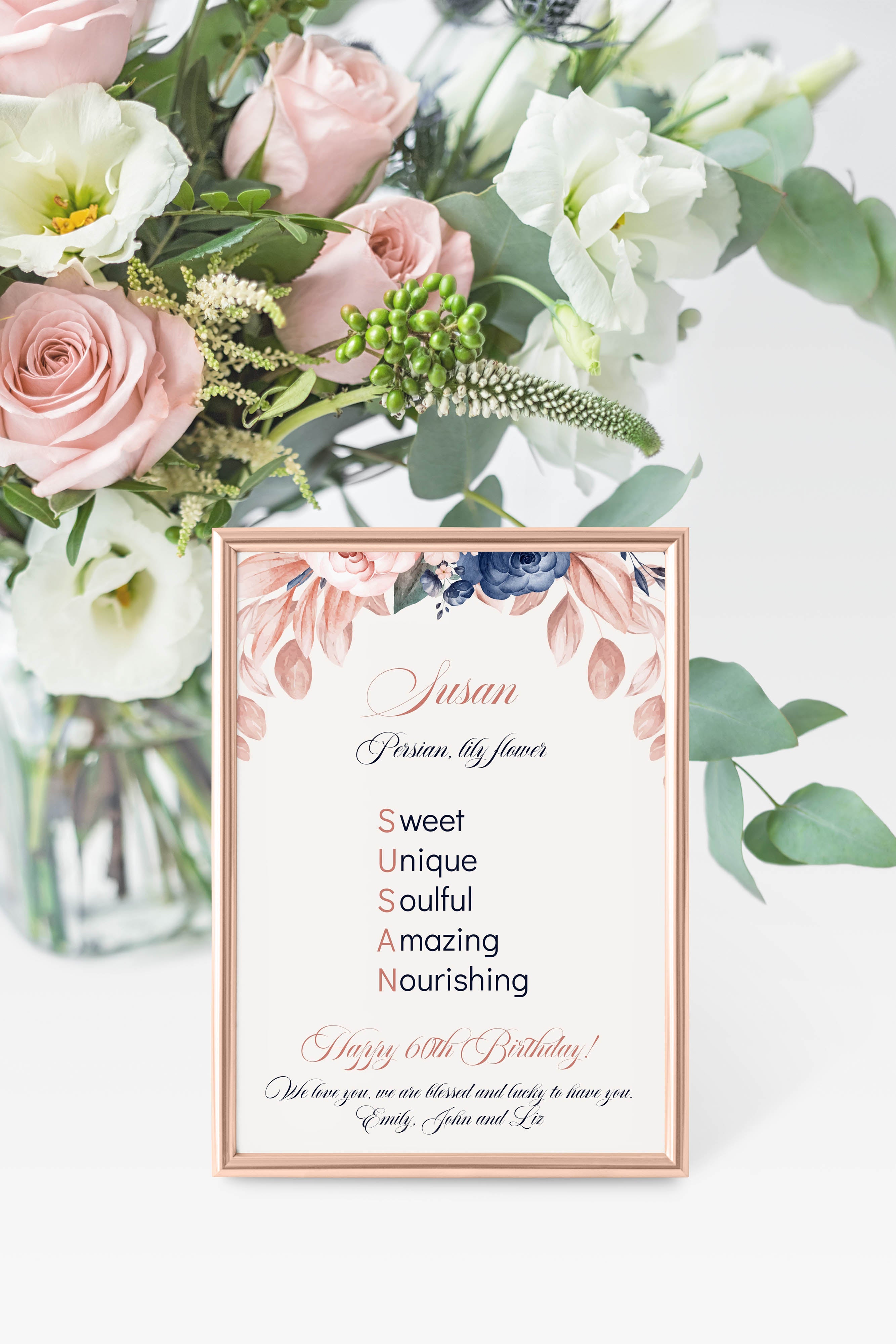 Name print floral blue pink printable