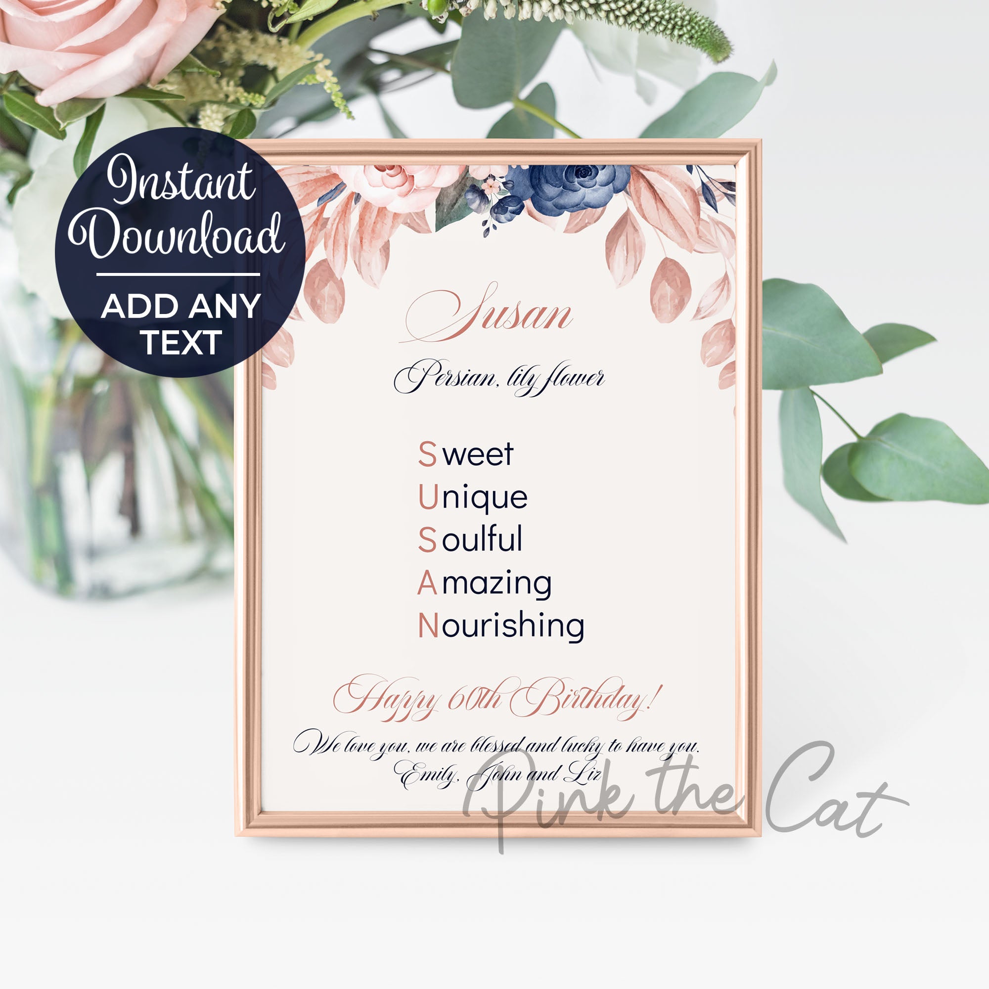 Name print floral blue pink printable