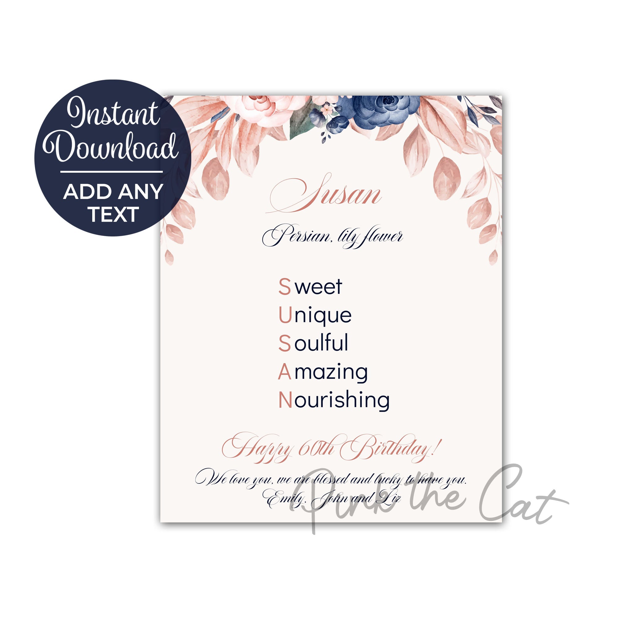 Name print floral blue pink printable