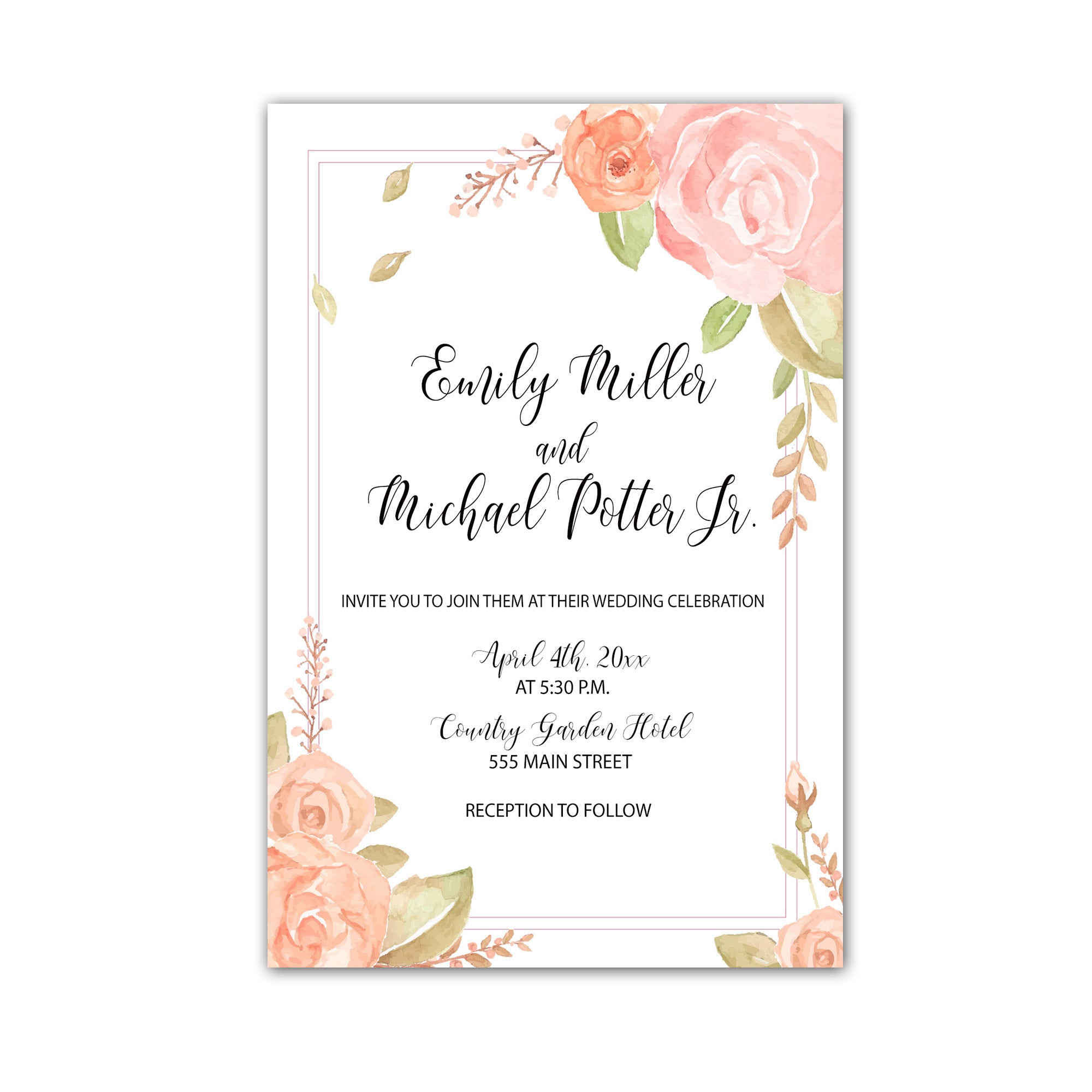 100 Floral Blush Pink Wedding Invitations Watercolor Personalized