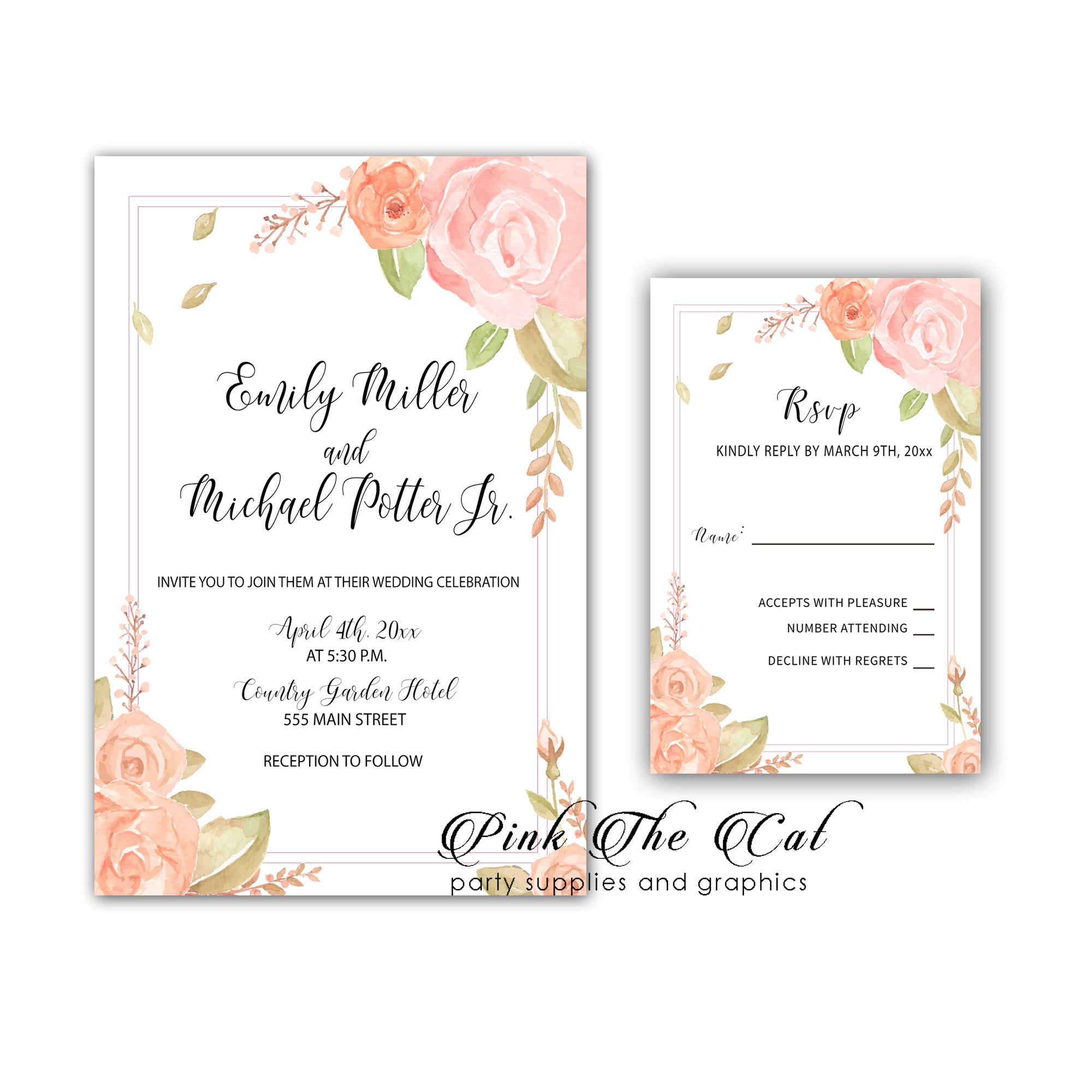 Wedding Invitations & RSVP Cards Floral Blush Pink Watercolor Printable