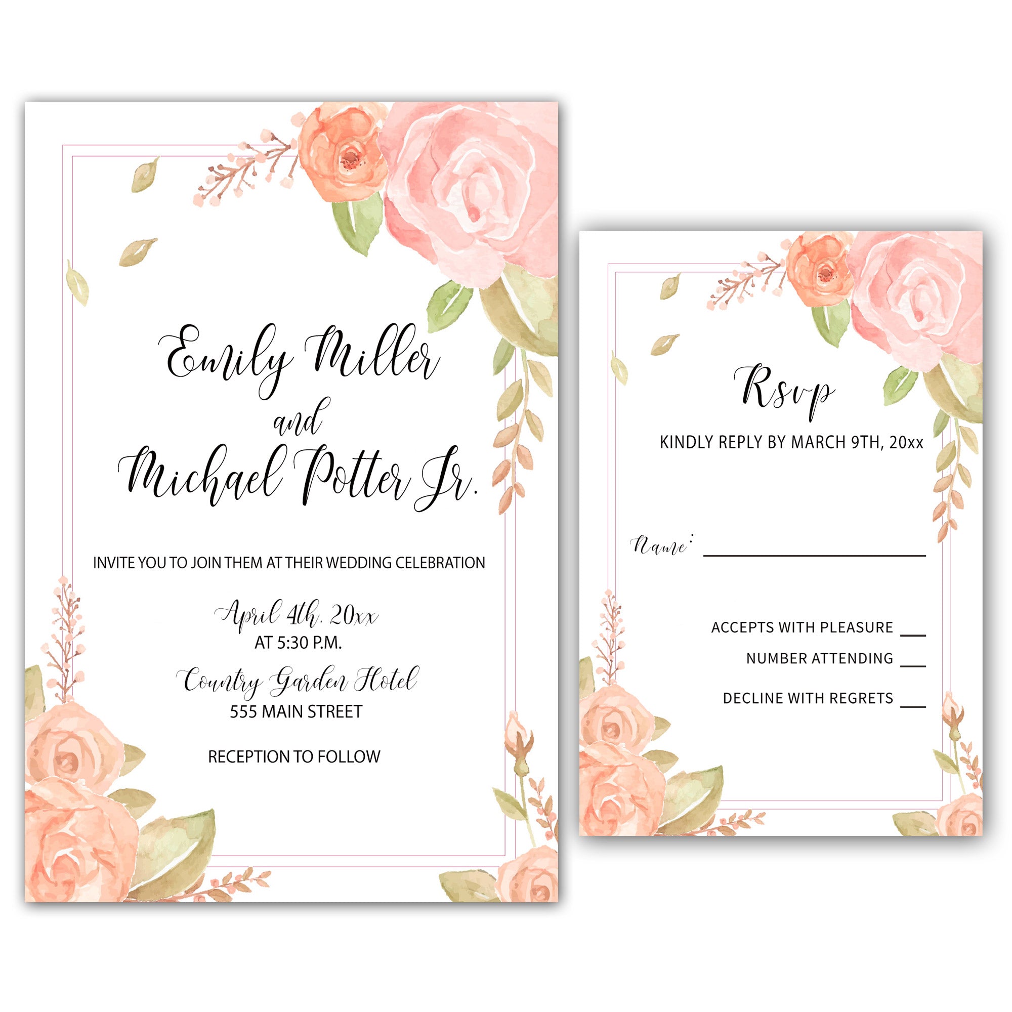 Wedding Invitations & RSVP Cards Floral Pink Printable