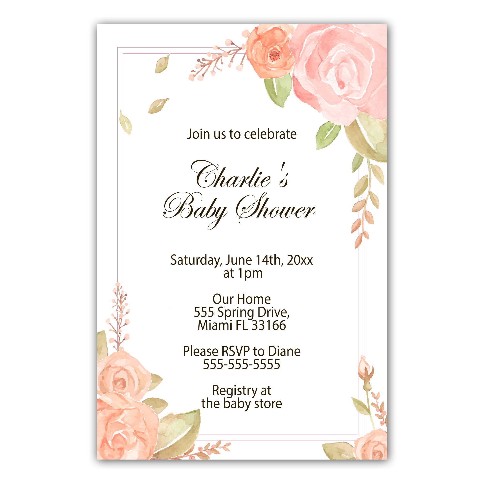 30 Blush pink floral invitations baby shower personalized