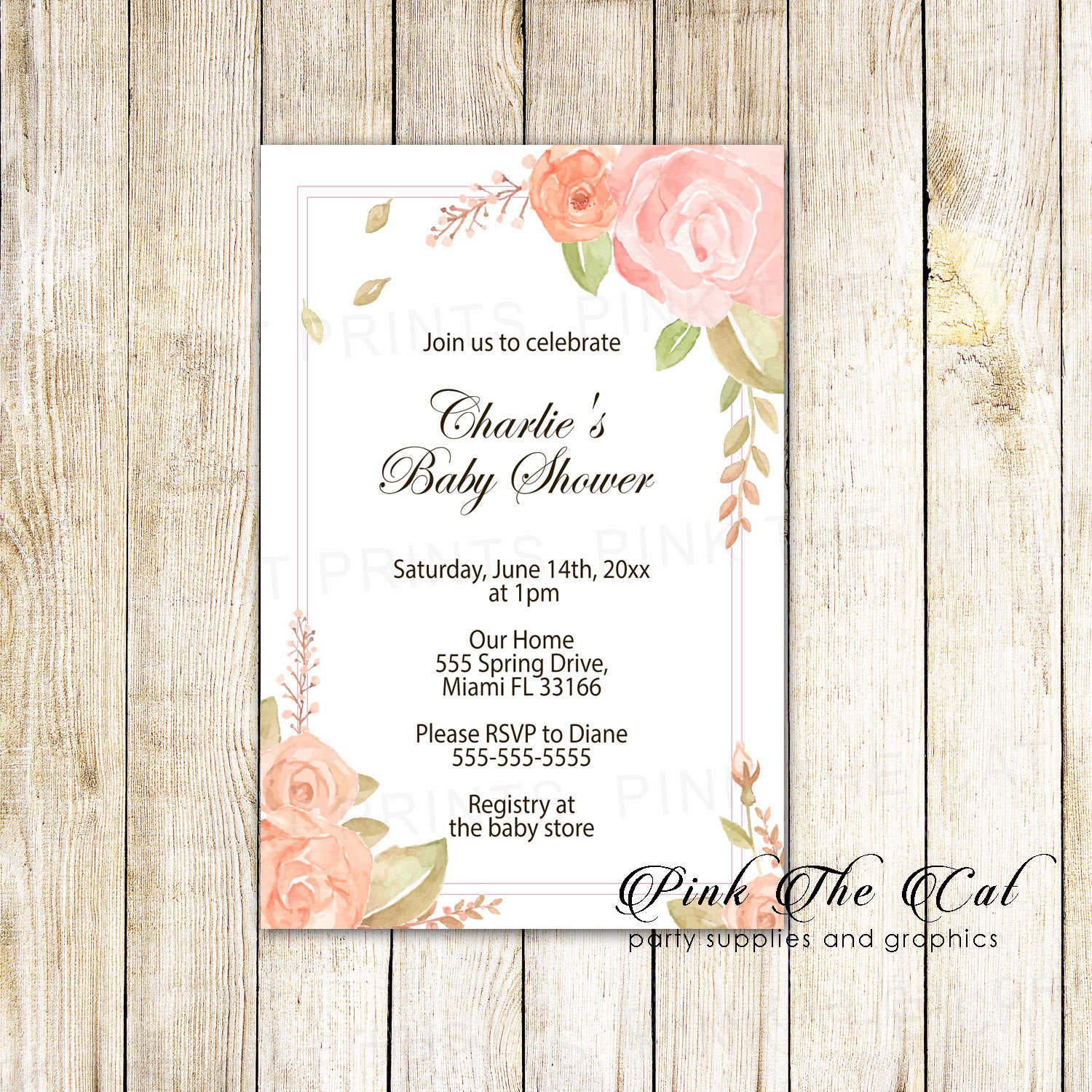 Blush pink floral invitations baby shower personalized printable