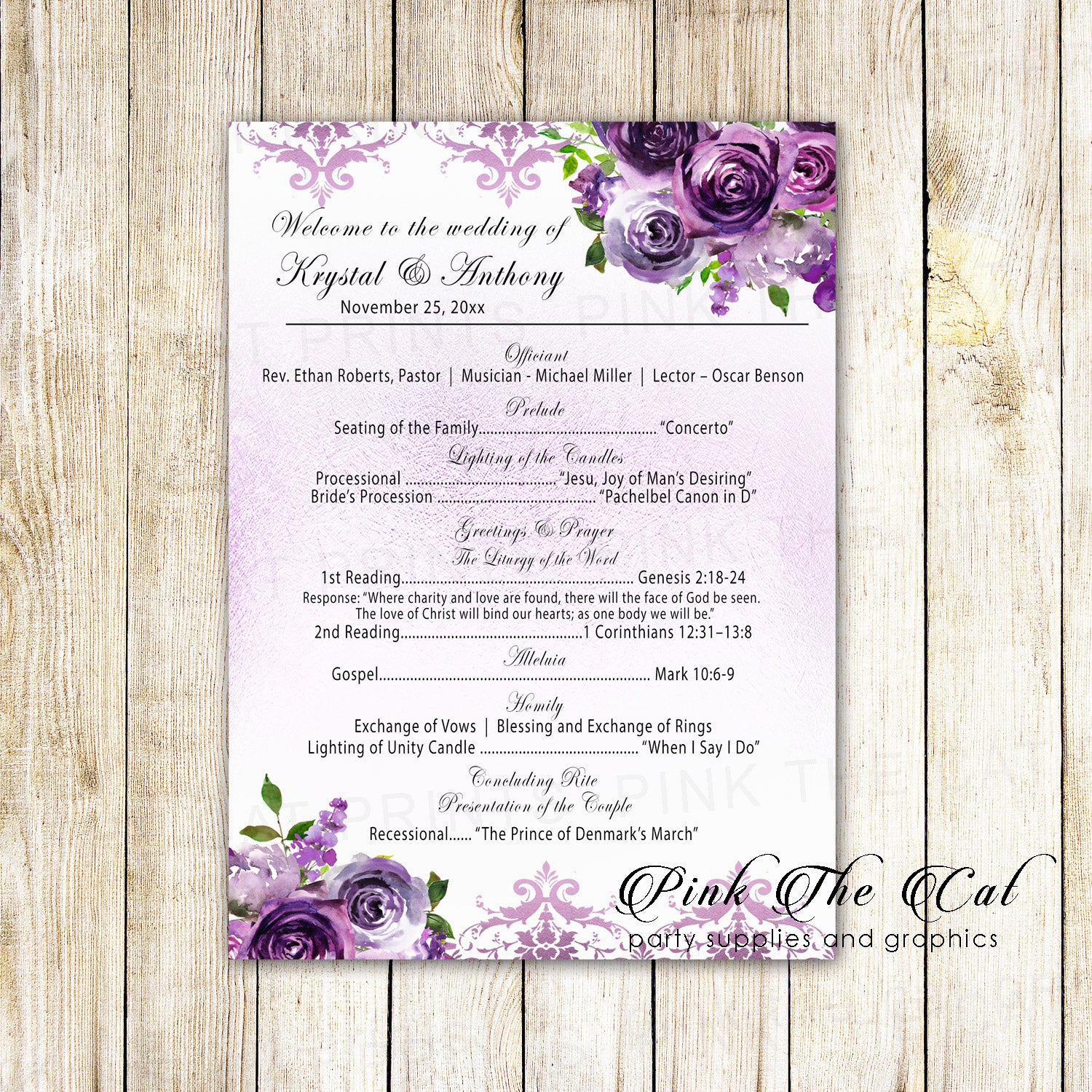100 wedding programs purple floral personalized watercolor