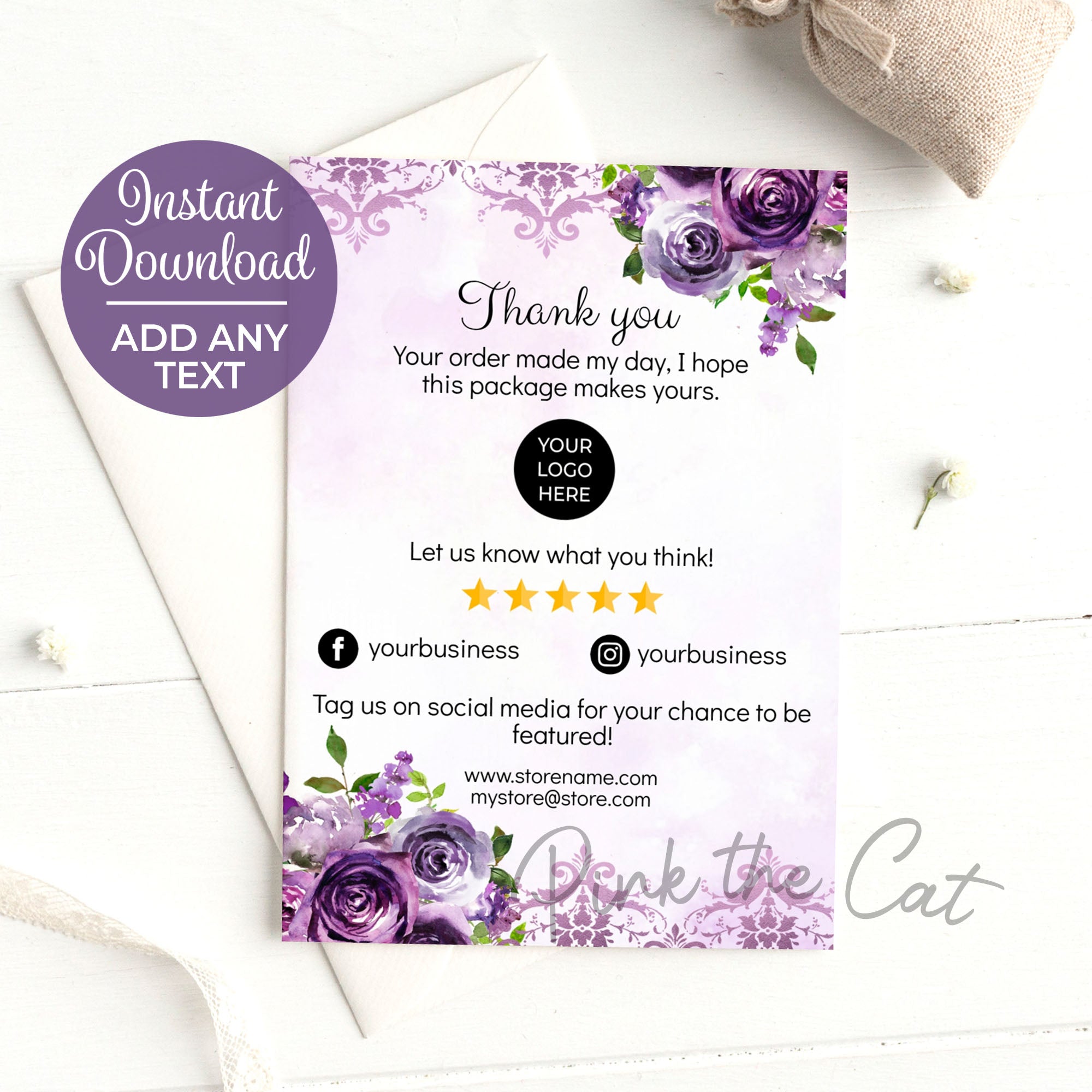 Thank you for order card floral purple