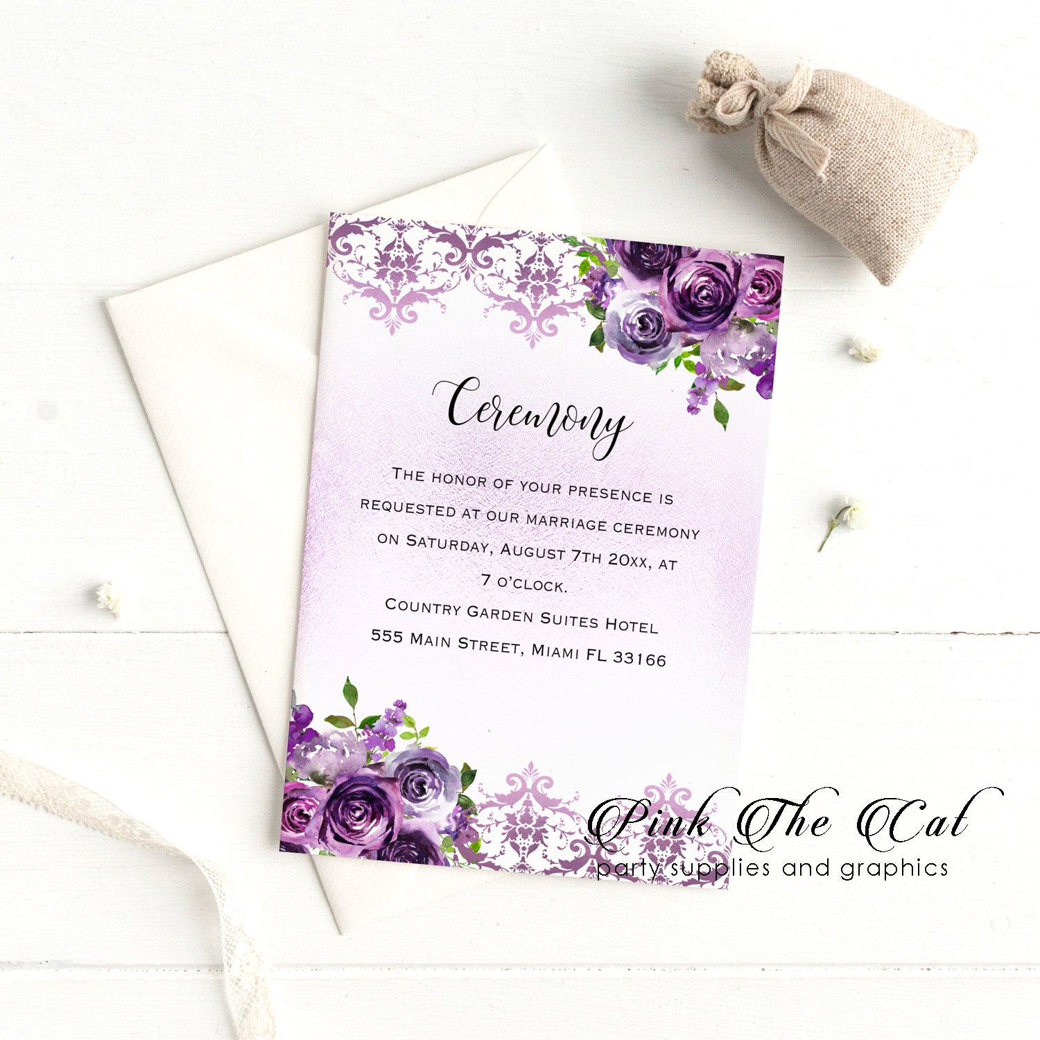 Purple Floral Wedding Ceremony Card Printable Instant Download