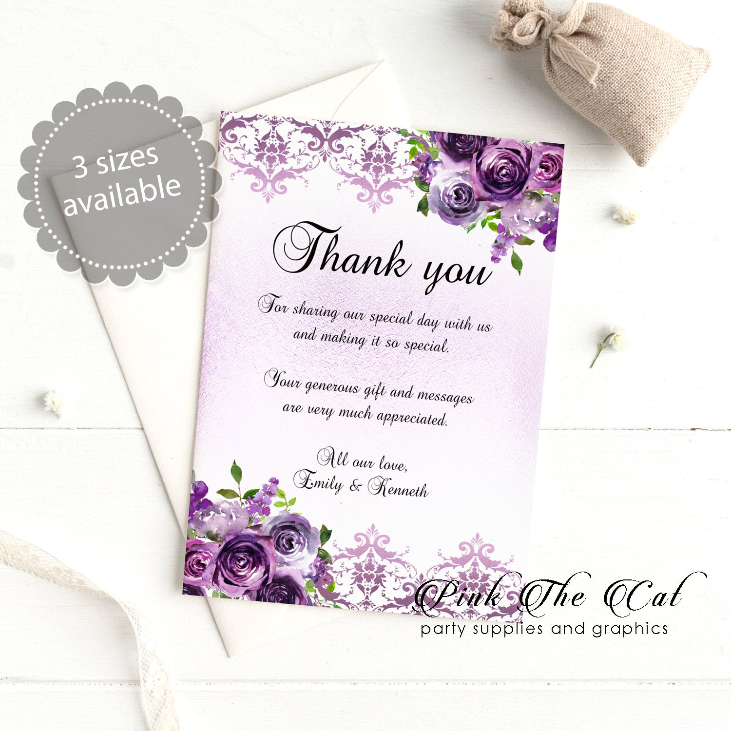 Purple Floral Watercolor Thank You Card Printable Instant Download