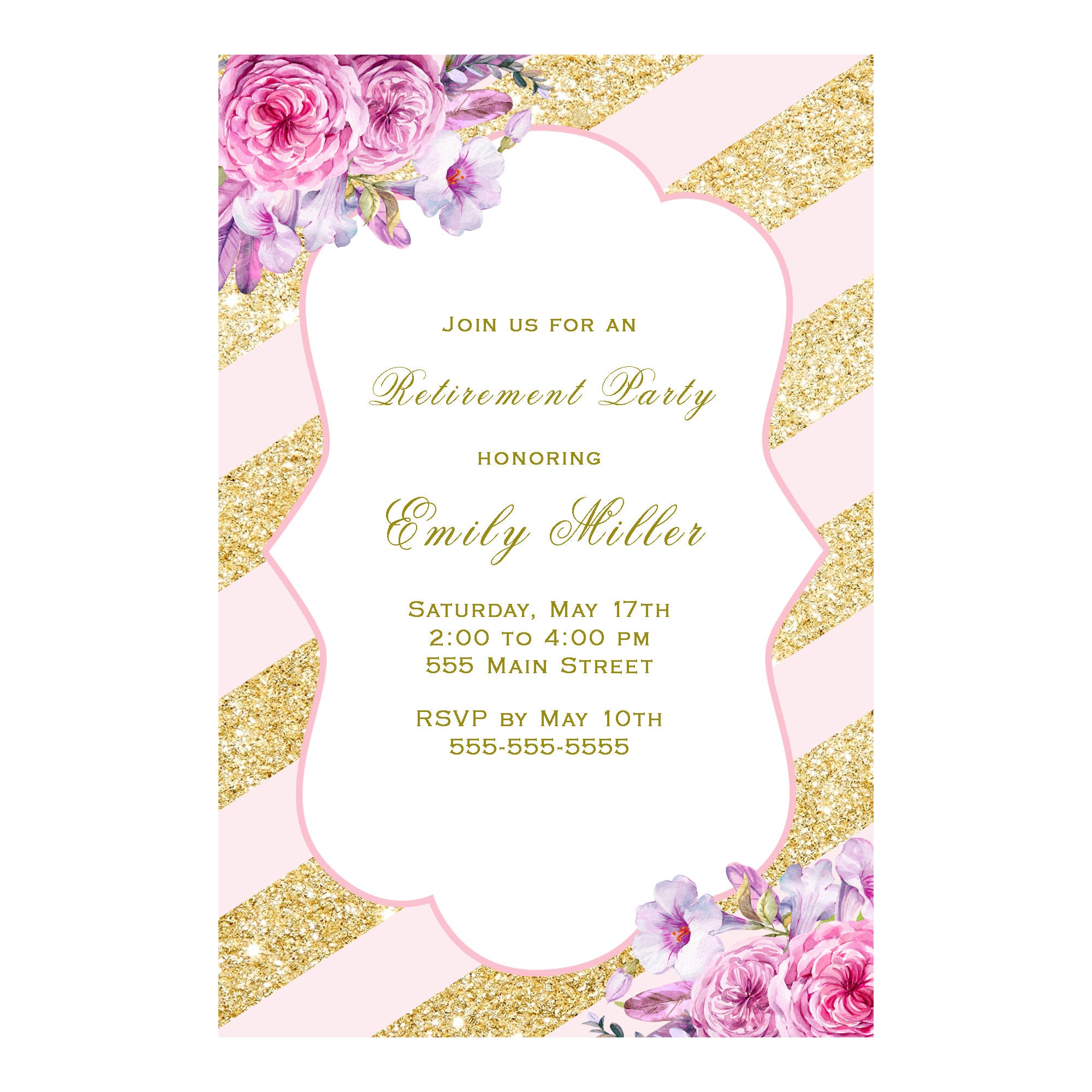 Retirement Party Invitation Blush Pink Gold Floral Printable