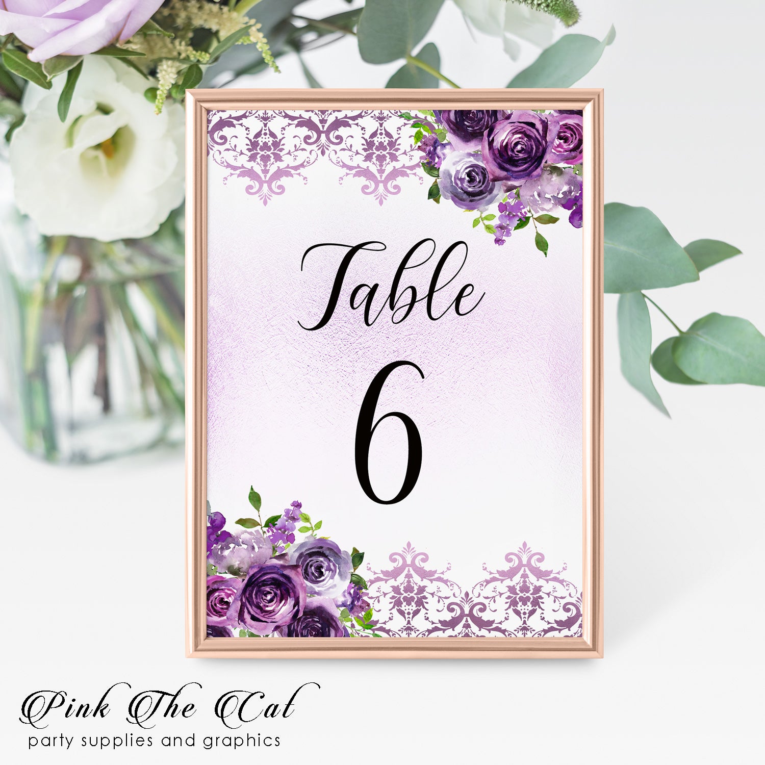 12 Table number cards floral purple lavender glitter wedding watercolor