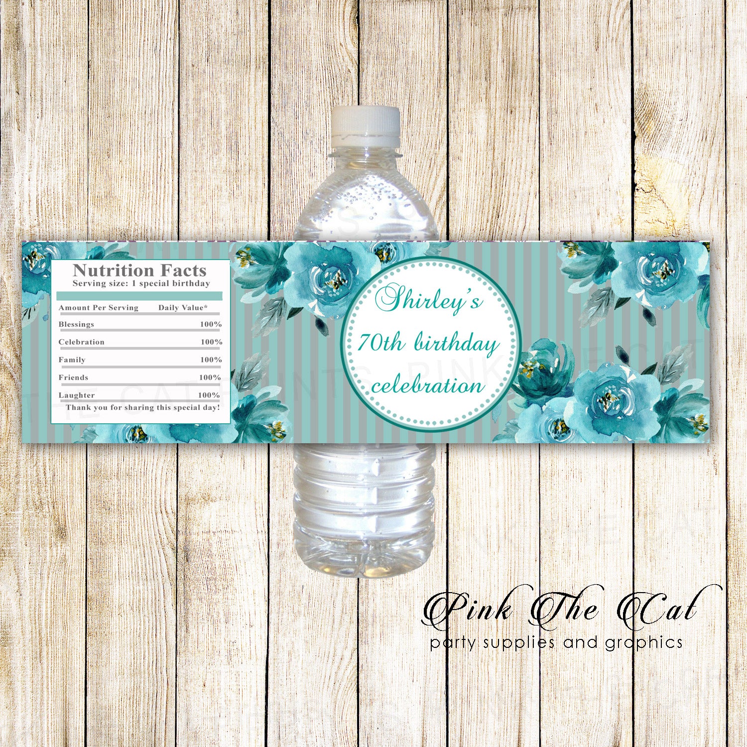 30 Floral Bottle Labels Teal Watercolor Birthday Bridal Shower