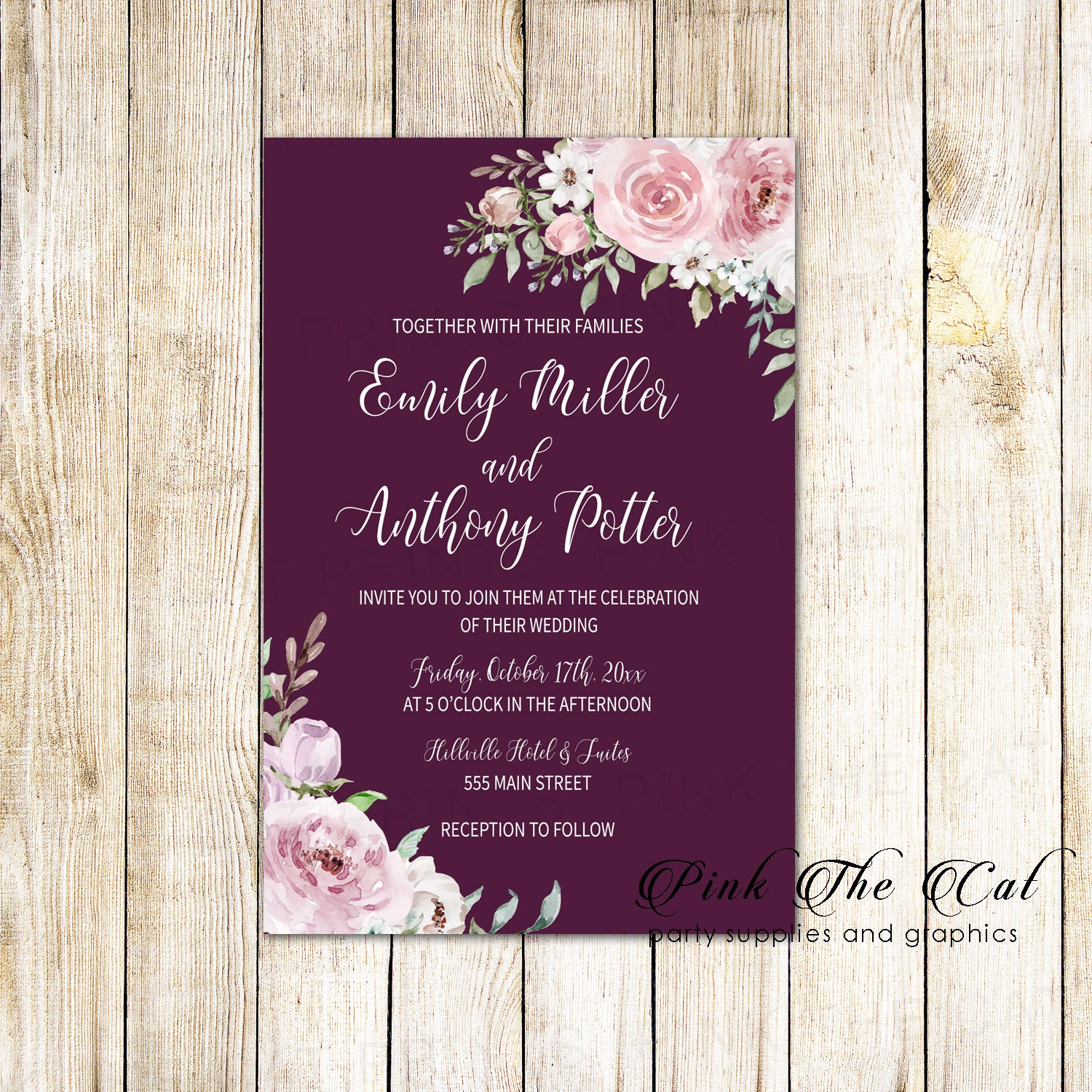 Wedding invitations floral burgundy blush pink printable