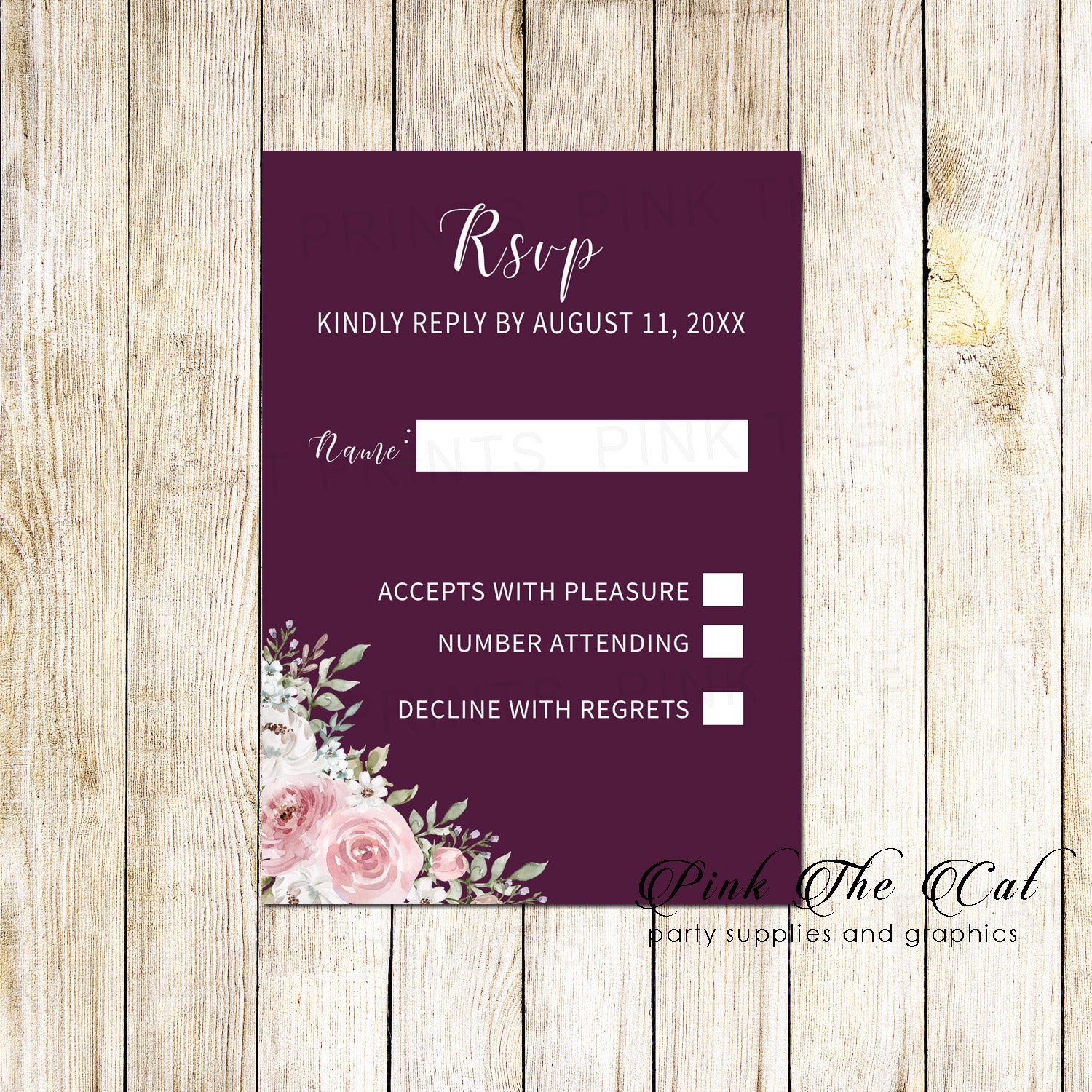 Wedding invitations floral burgundy blush pink & RSVP cards printable