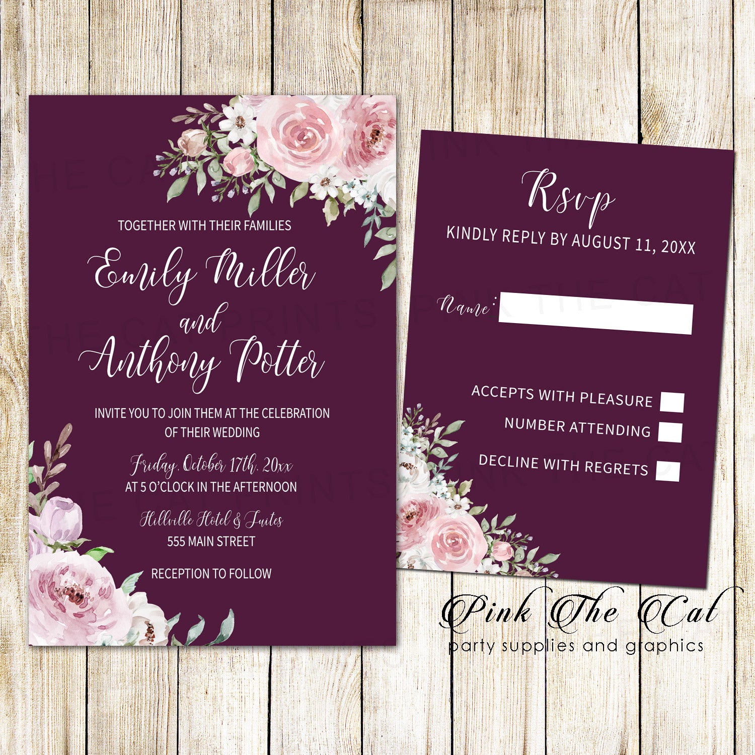 Wedding invitations floral burgundy blush pink & RSVP cards printable