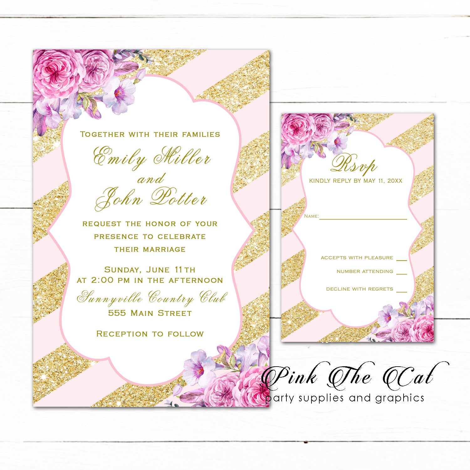 Wedding invitations blush pink gold floral & response printable