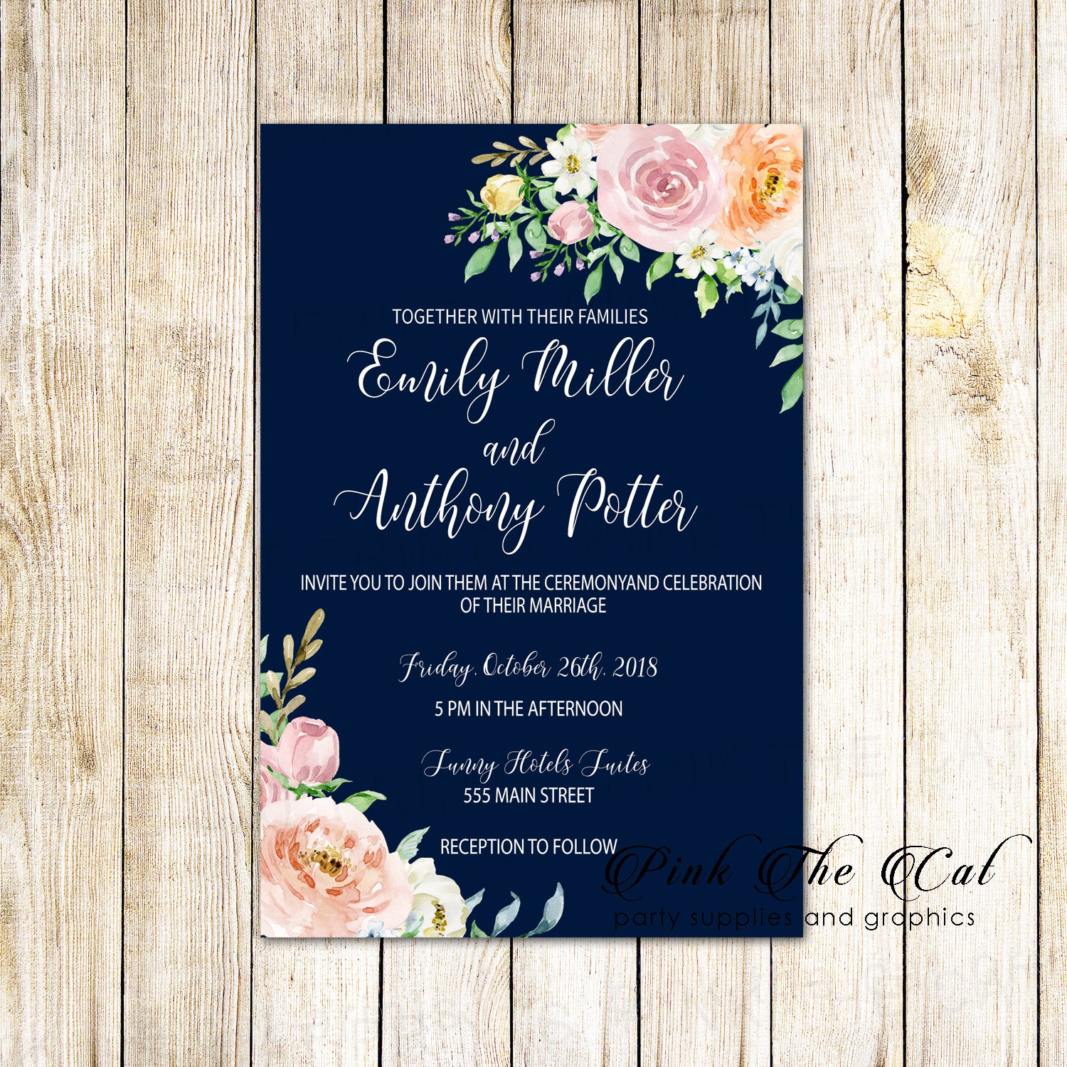 Wedding invitations navy blue blush pink floral printable
