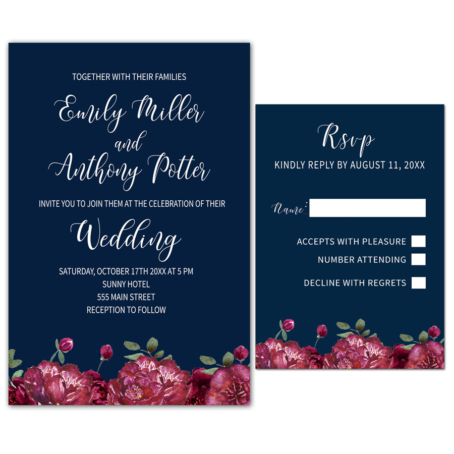 Floral Wedding Invitations & RSVP Cards Burgundy Navy Blue