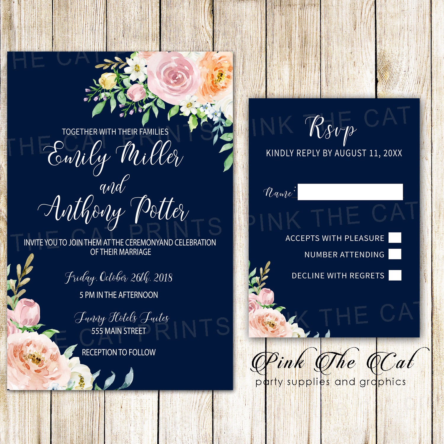 100 Wedding invitations navy blue blush pink floral & RSVP cards