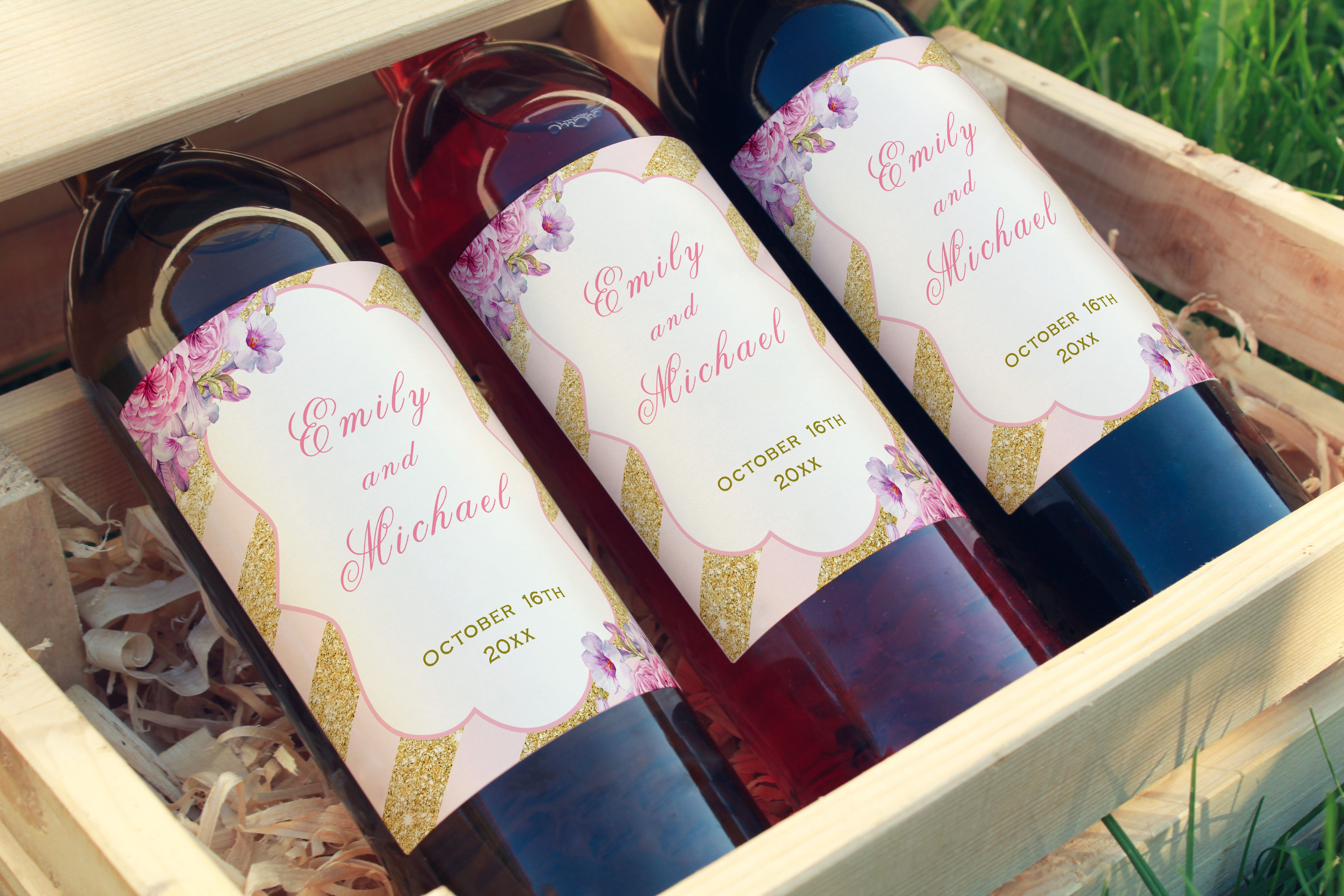 30 wine champagne bottle label sticker wedding pink gold
