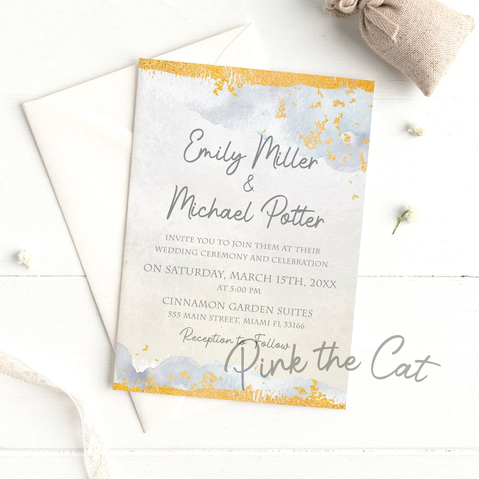 Dusty blue silver and gold wedding invitations