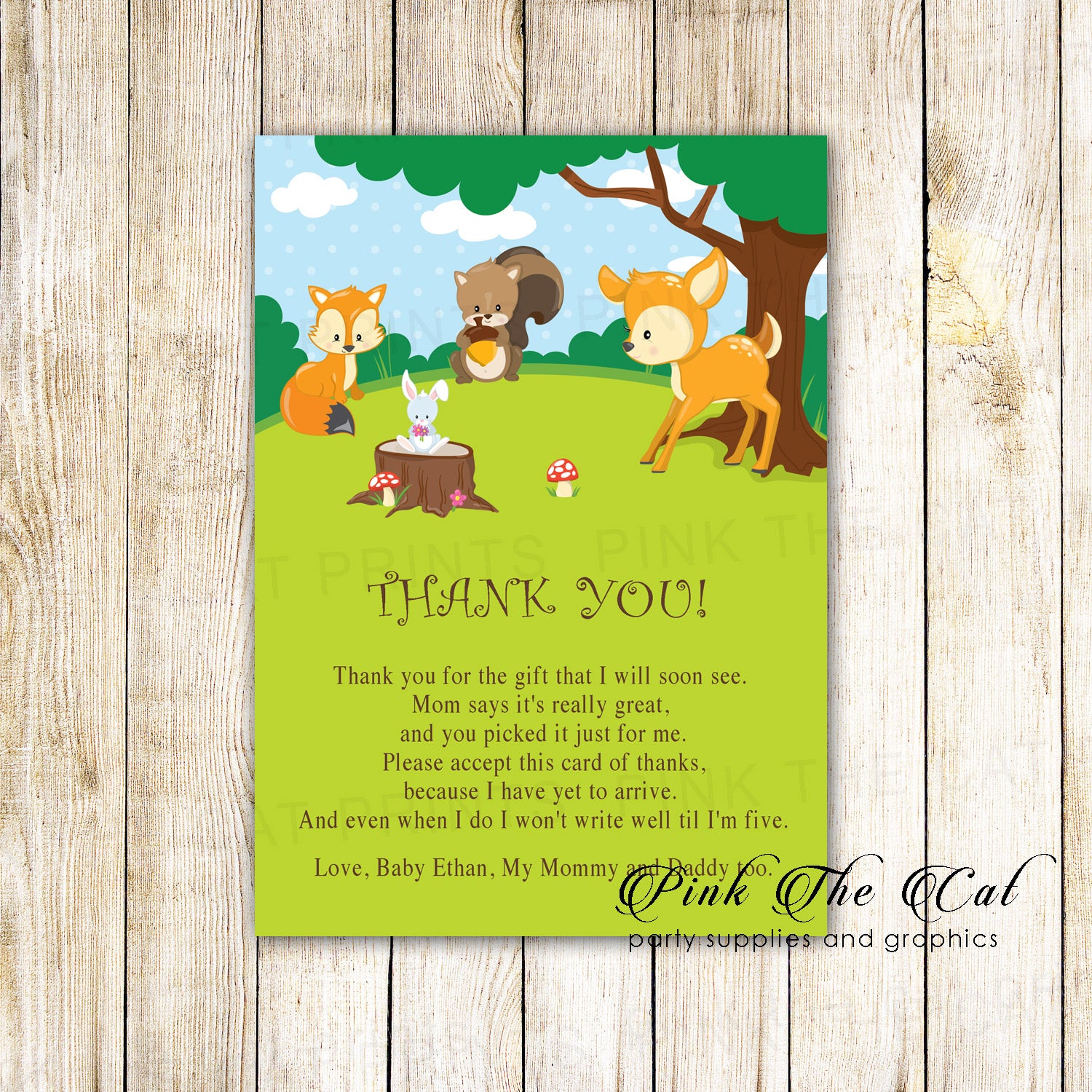 Forest woodland thank you cards baby shower printable