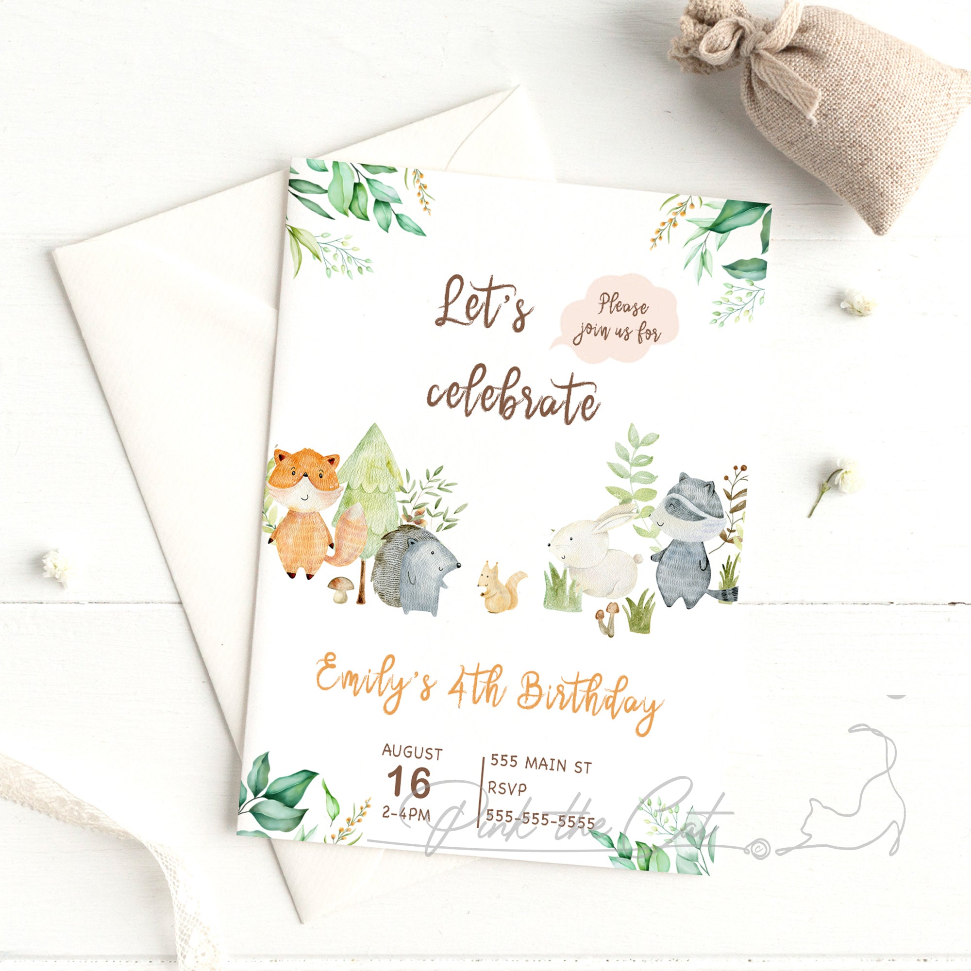 Woodland animals greenery invitation kid birthday printable or printed