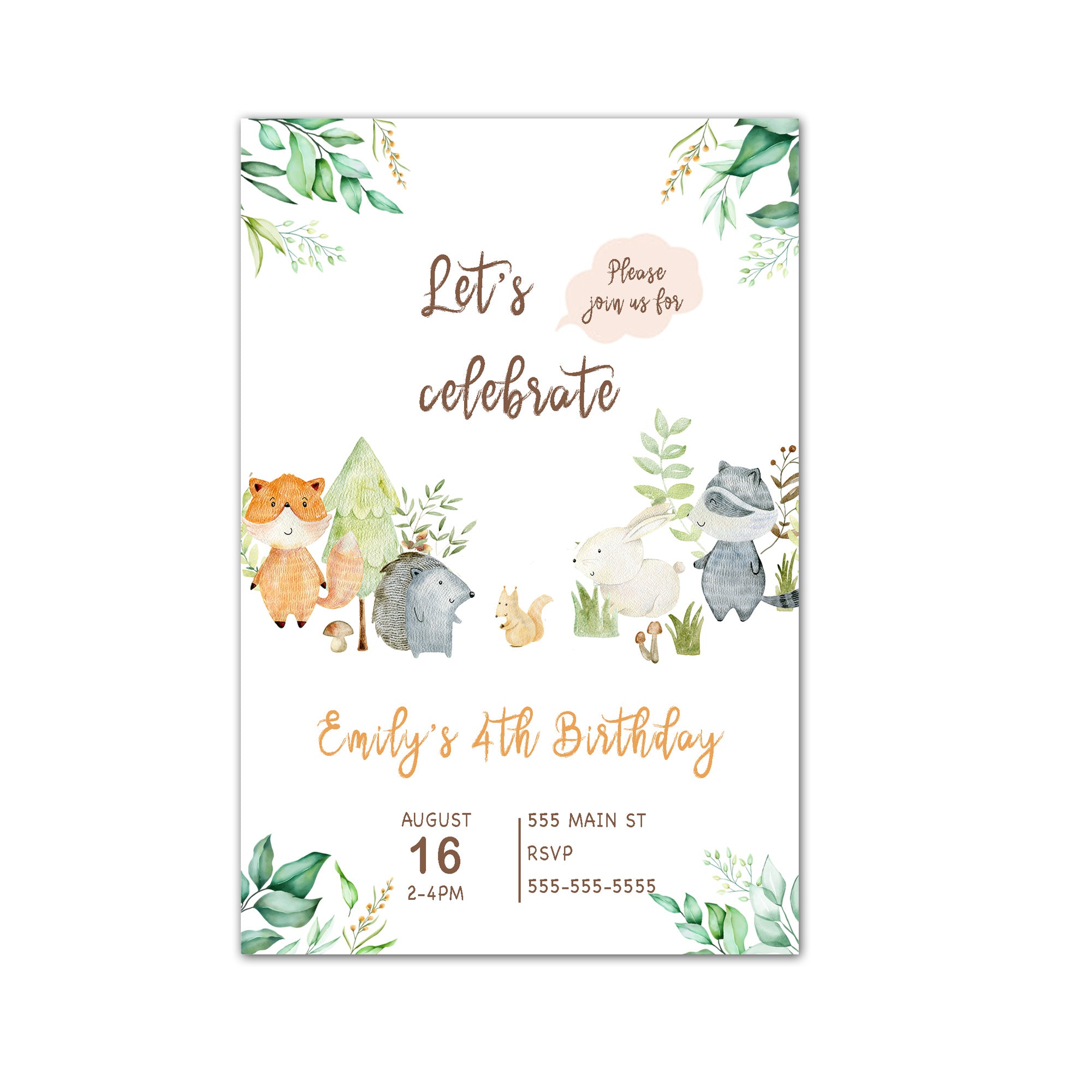 Woodland watercolor invitation kids