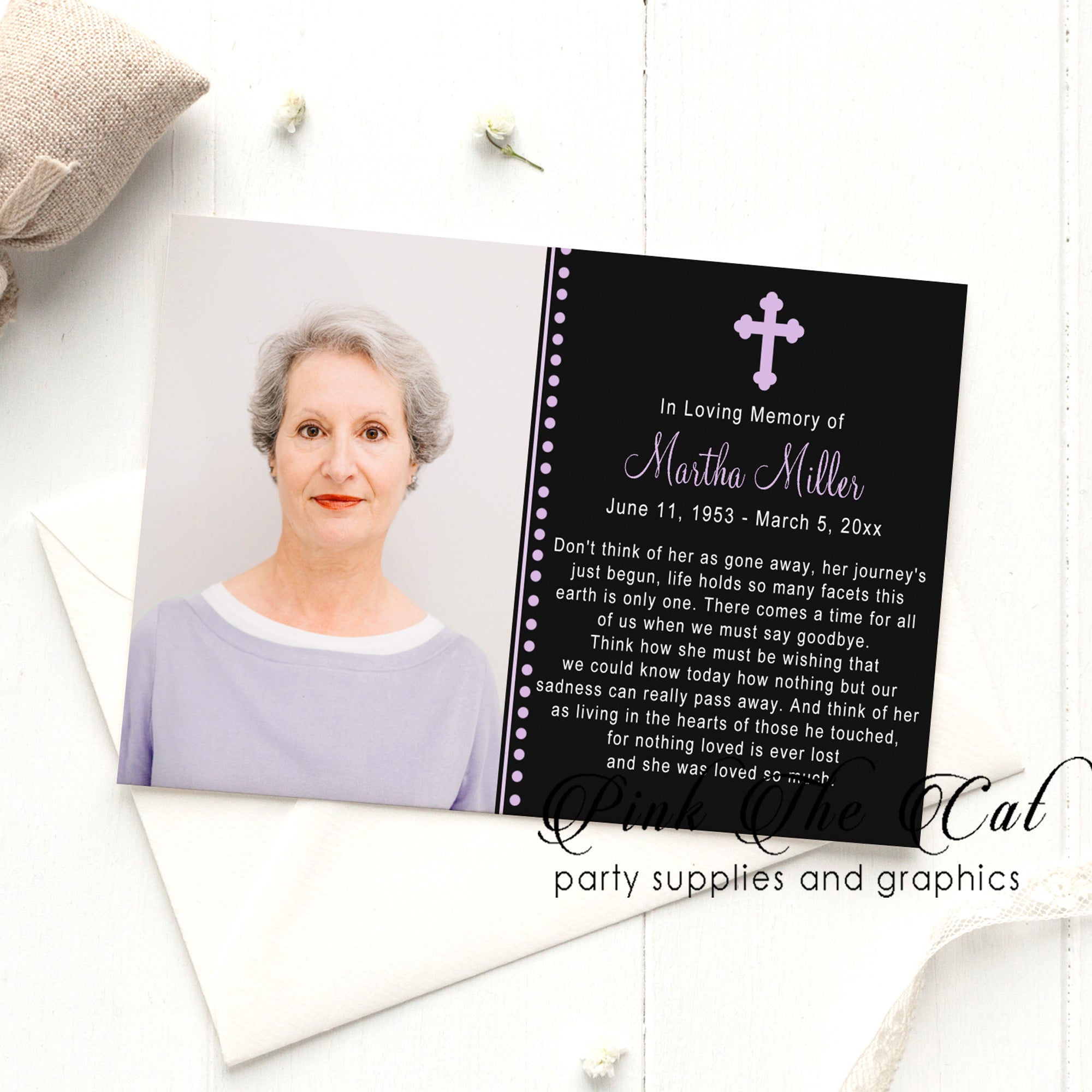 Funeral announcement prayer card purple black photo printable