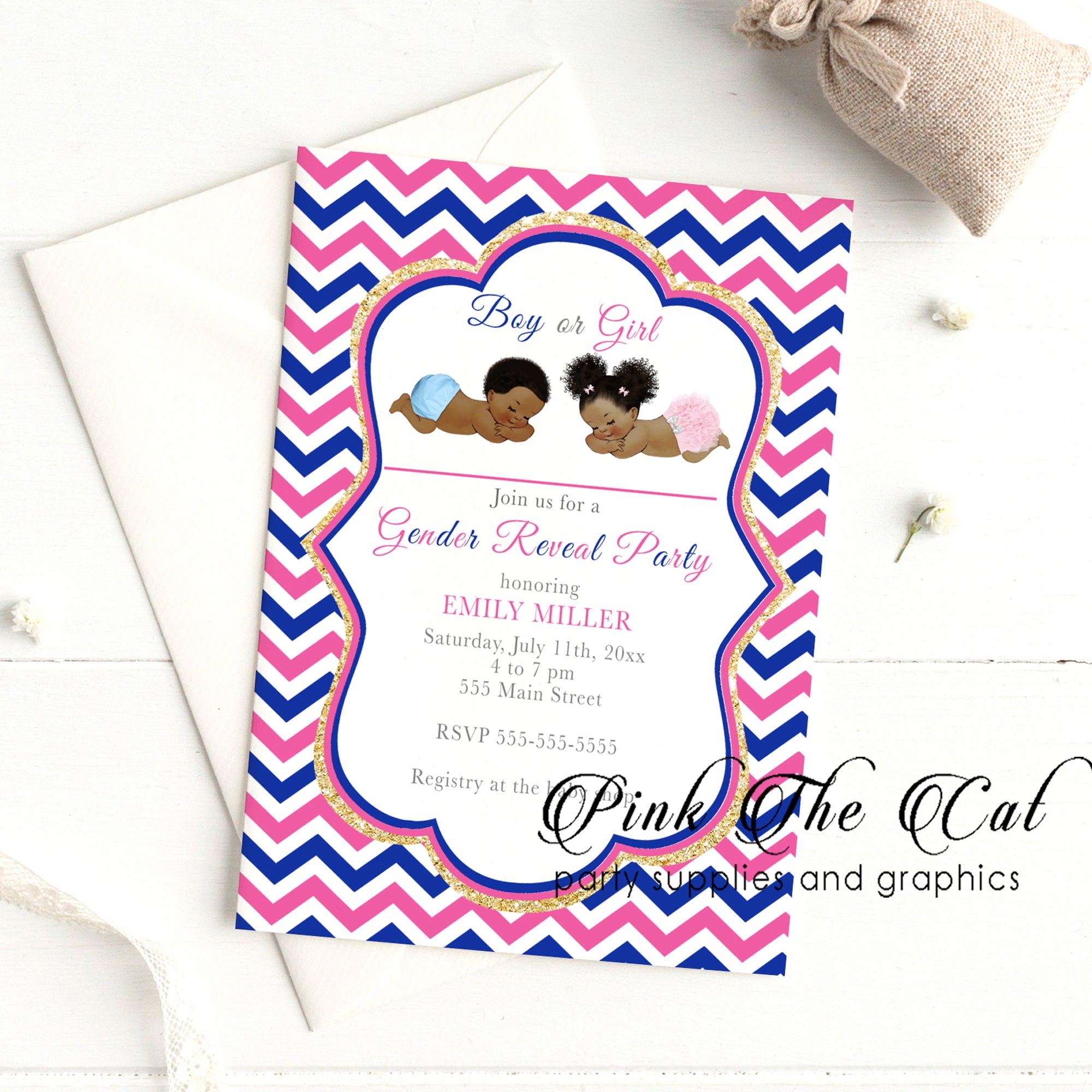 Vintage baby shower gender reveal invitation (set of 30)