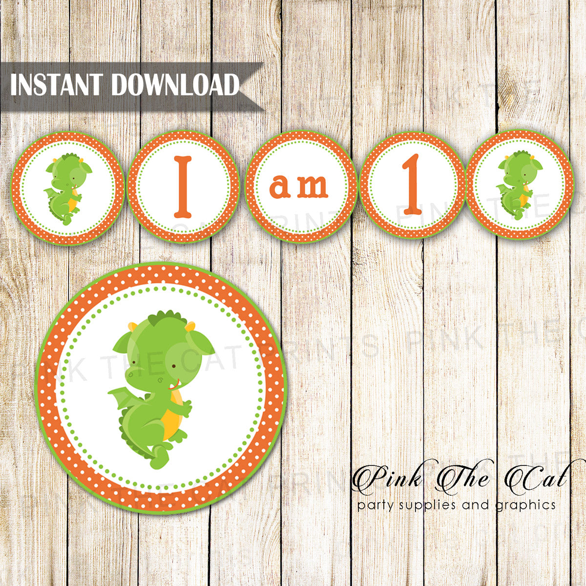 Dragon Orange Green 1st Birthday High Chair Banner Printable