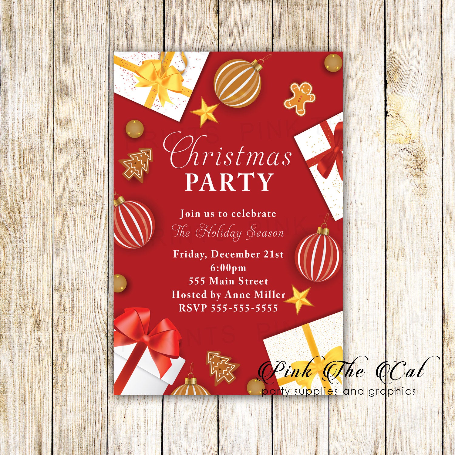 Holiday christmas party invitation red gold gifts printable