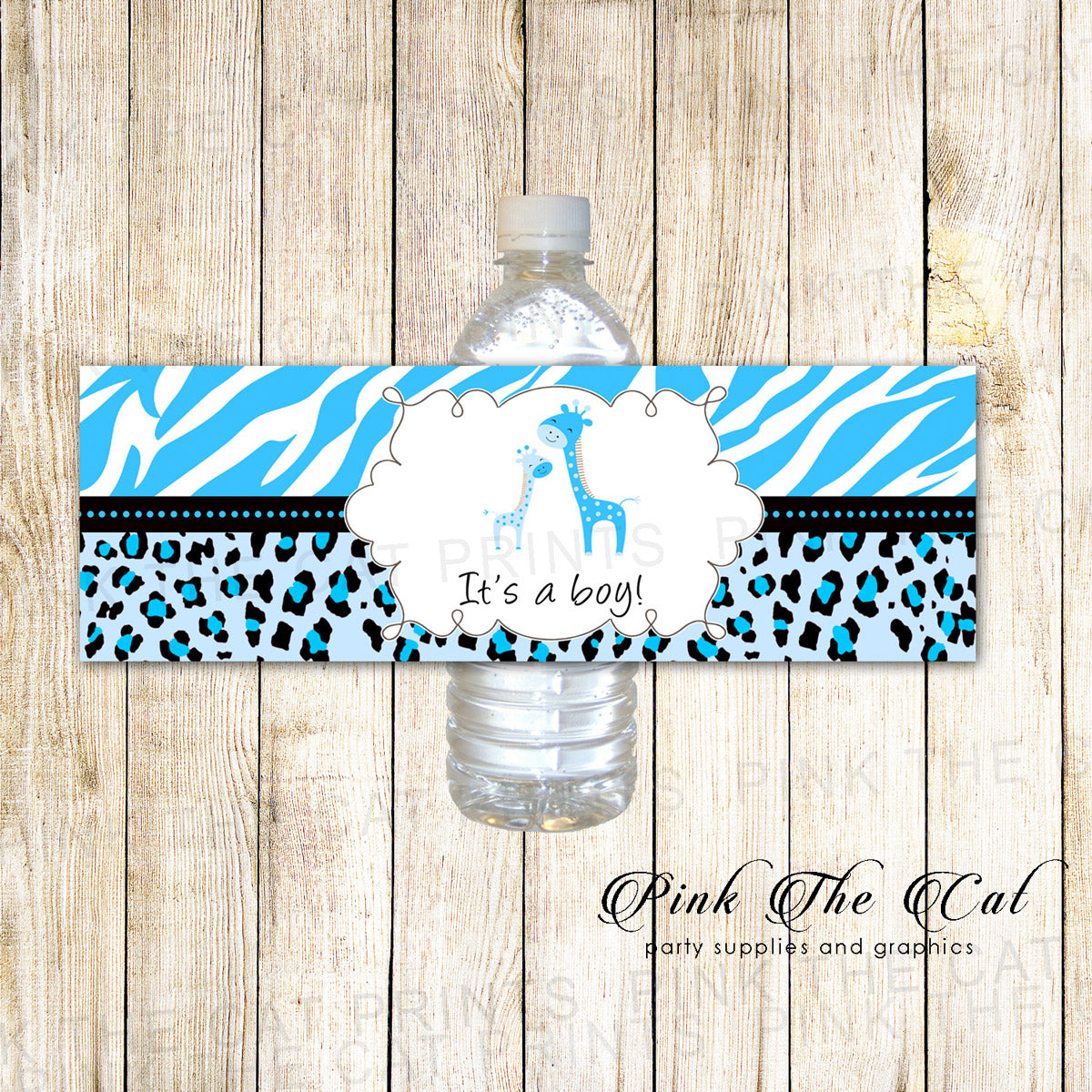 Giraffe Bottle Labels Baby Boy Shower Blue Black 30 Printed