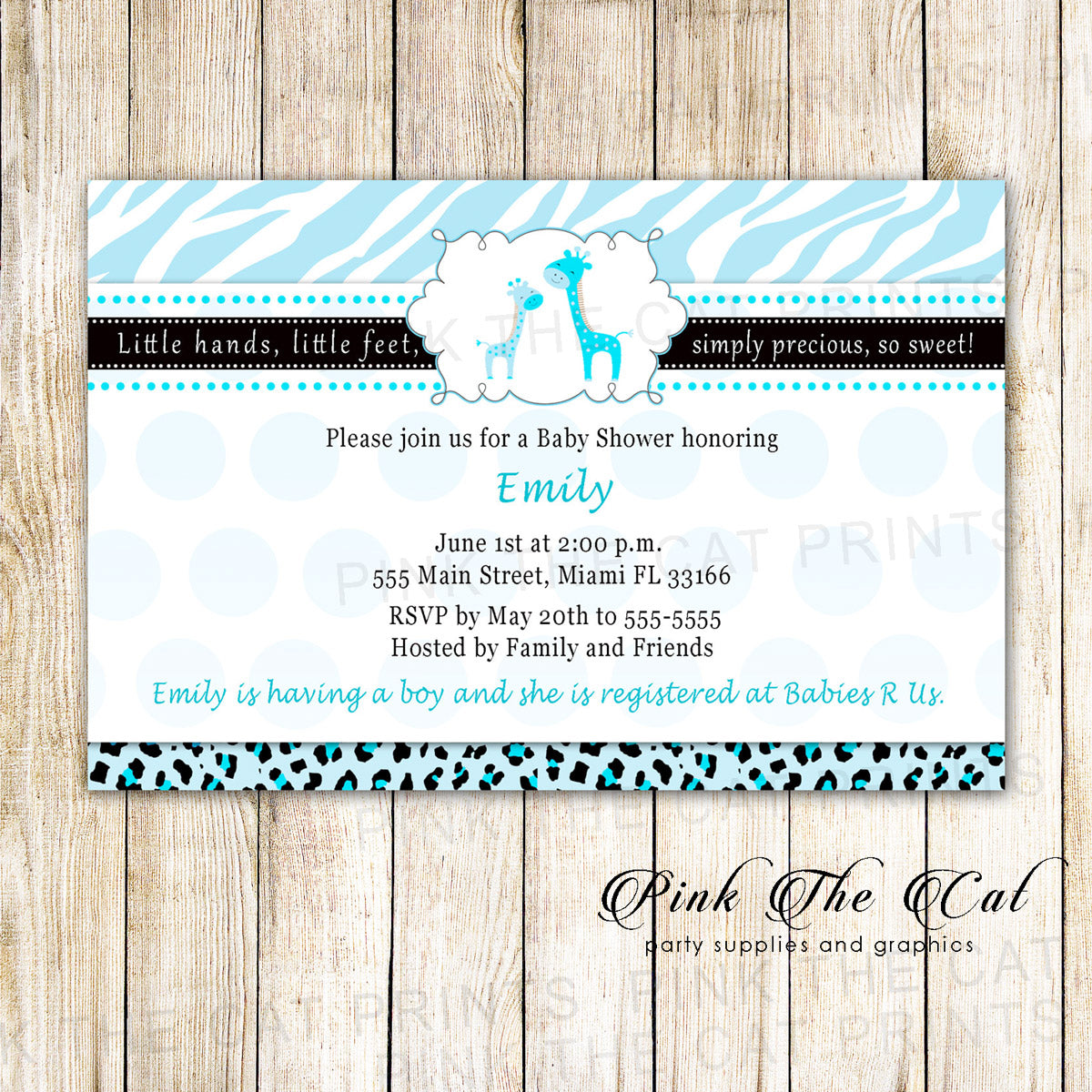 Giraffes Invitation Baby Boy Shower Light Blue Printable