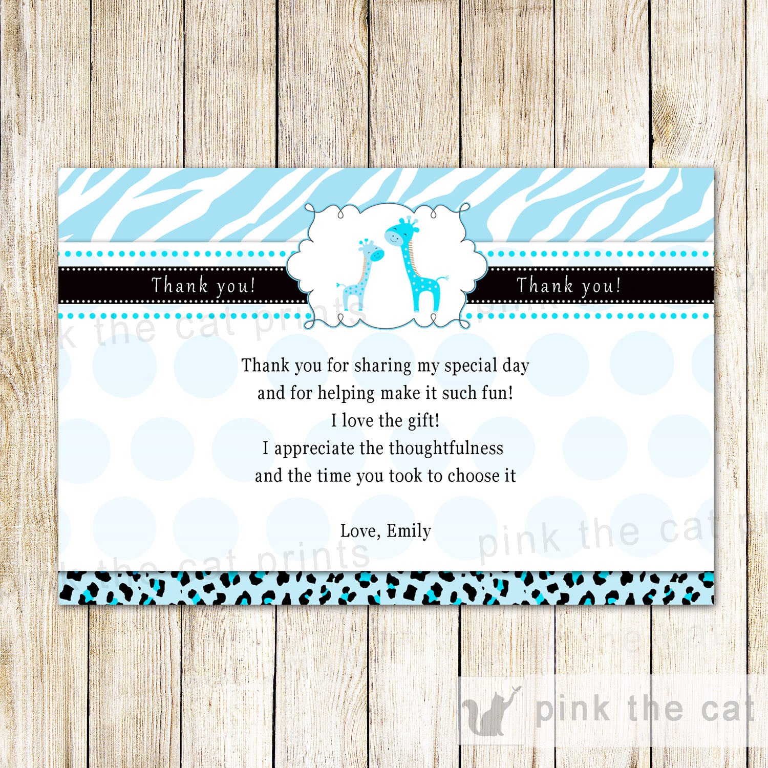 Blue Giraffe Thank You Card Note Baby Boy Shower