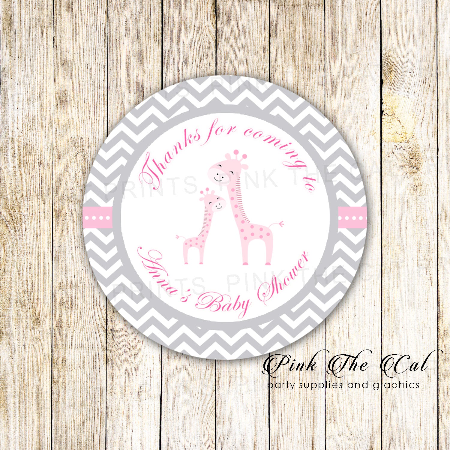 Giraffe Baby Girl Shower Gift Favor Label Sticker Pink Gray Printable