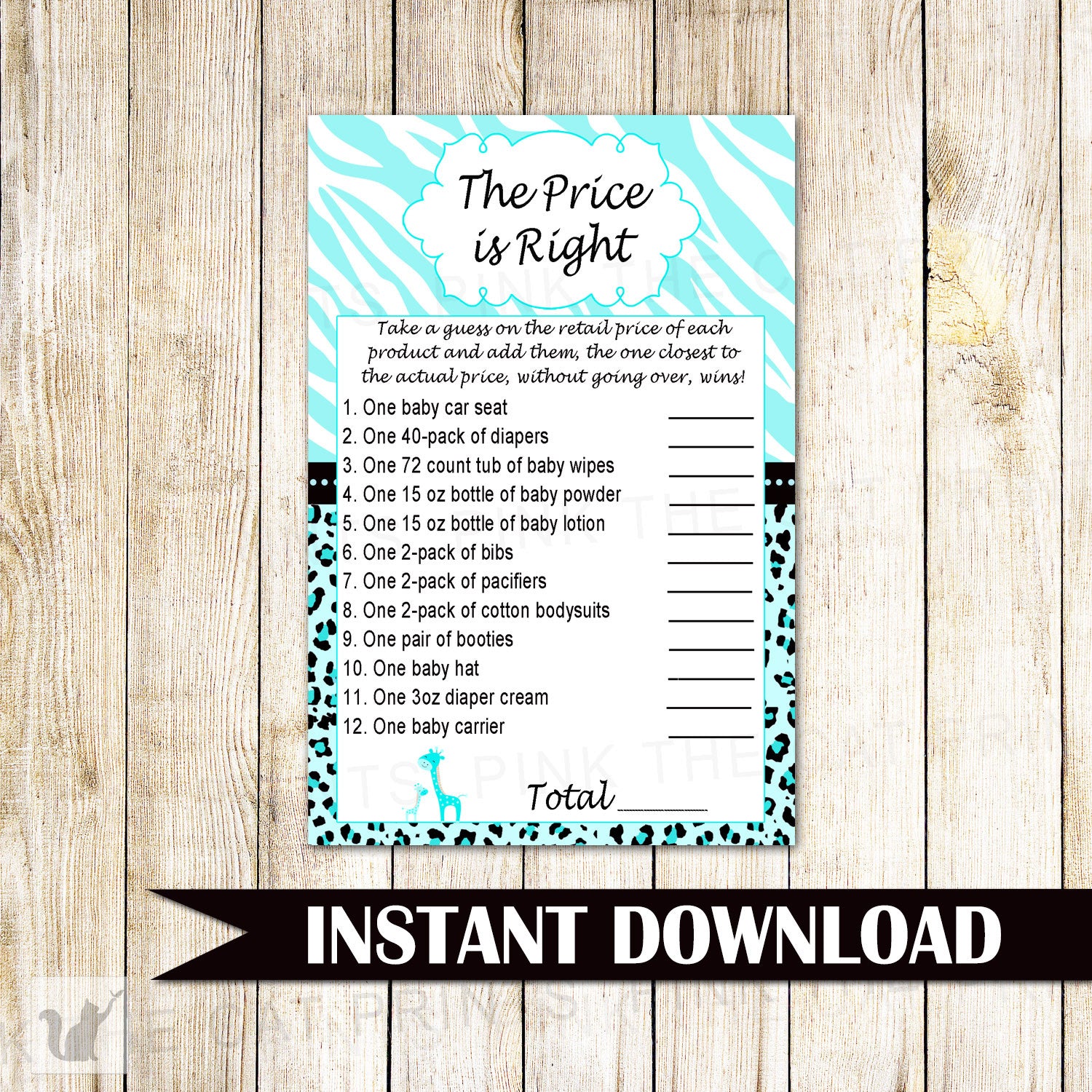 Giraffe The Price is Right Baby Boy Shower Game Card Turquoise Black