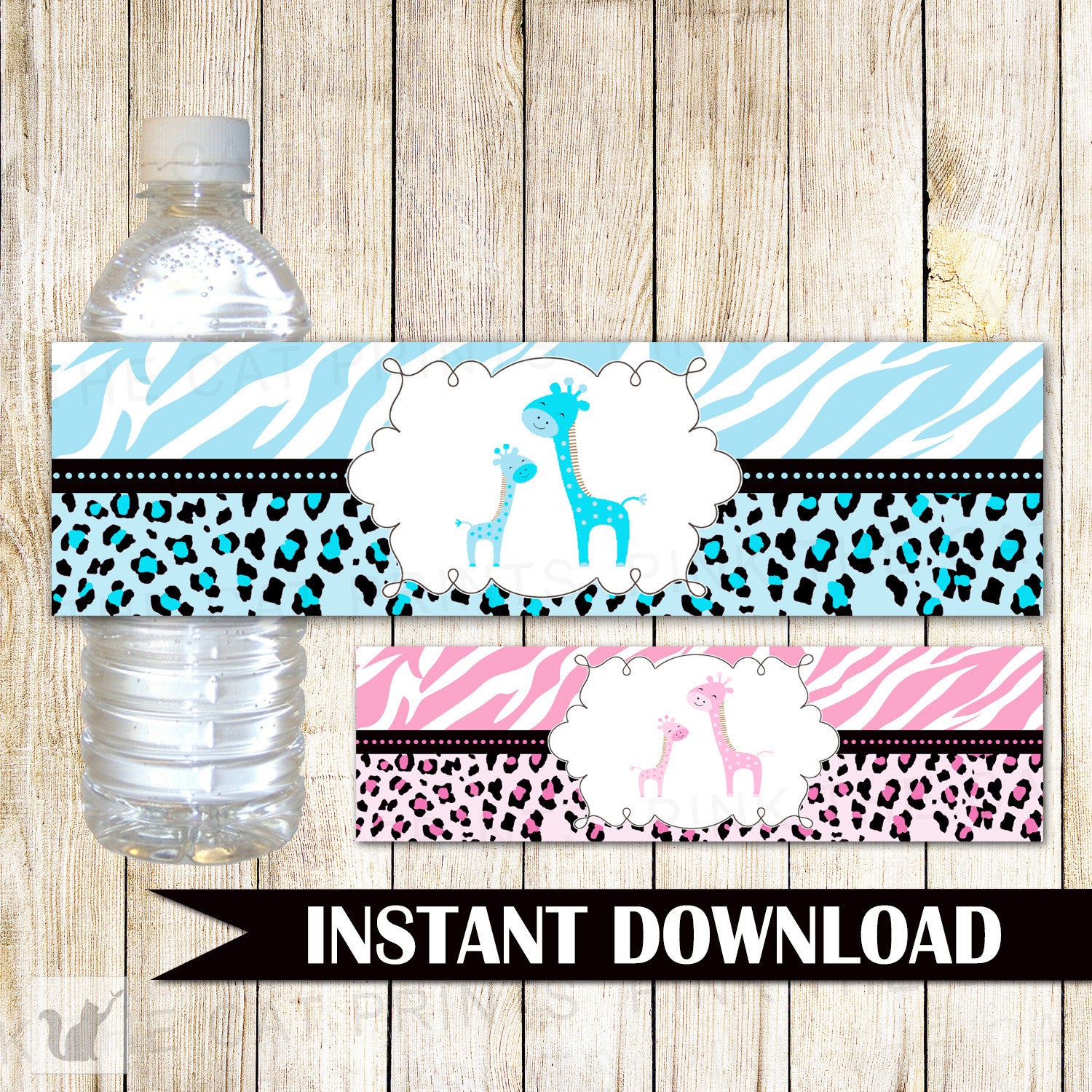 Giraffe Bottle Label Twins Girl Boy Baby Shower Pink Blue