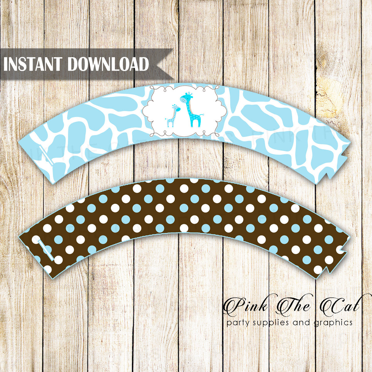 Giraffe Baby Shower Cupcake Wrappers Blue Brown Printable