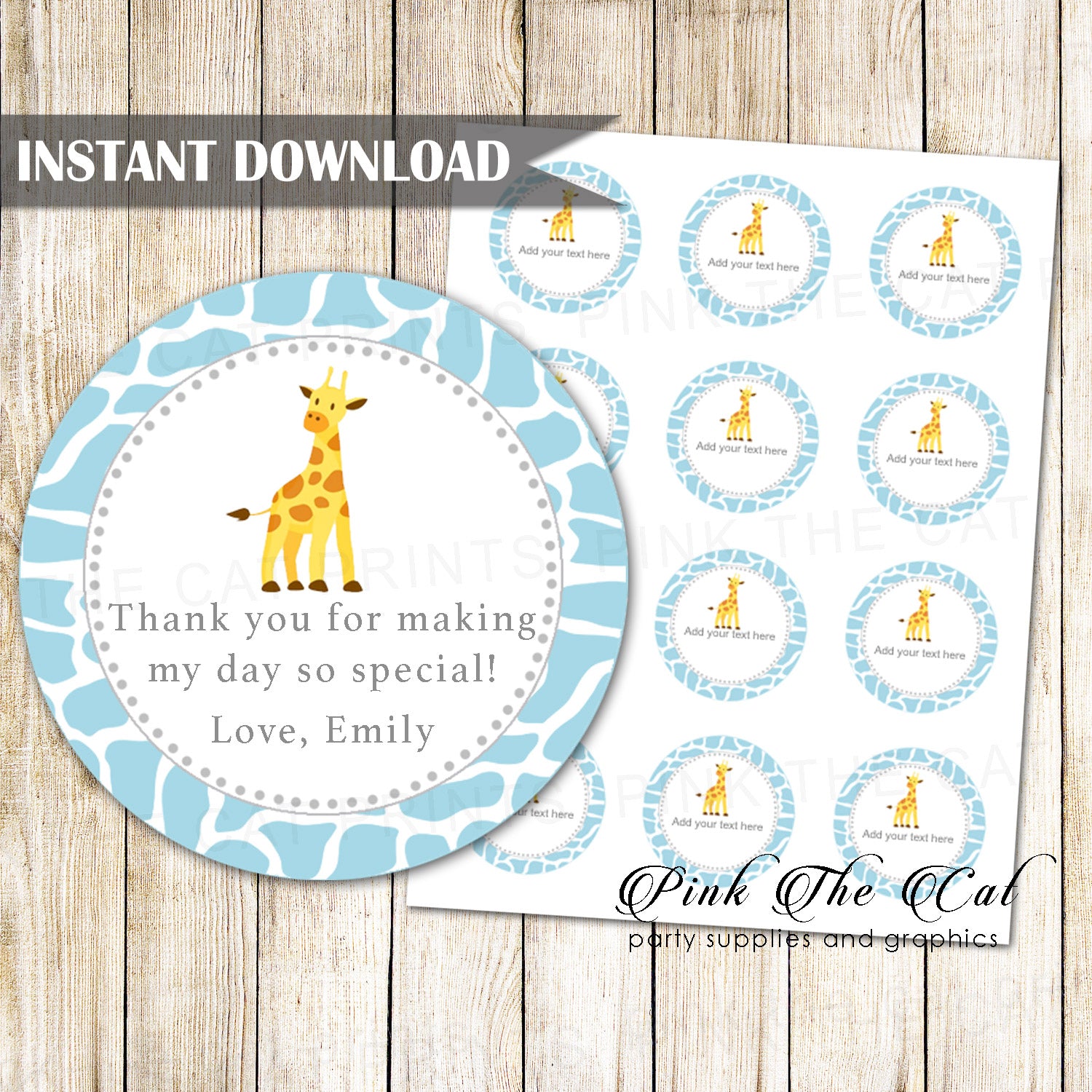 Blue Silver Giraffe Gift Favor Label Birthday Baby Boy Shower Printable