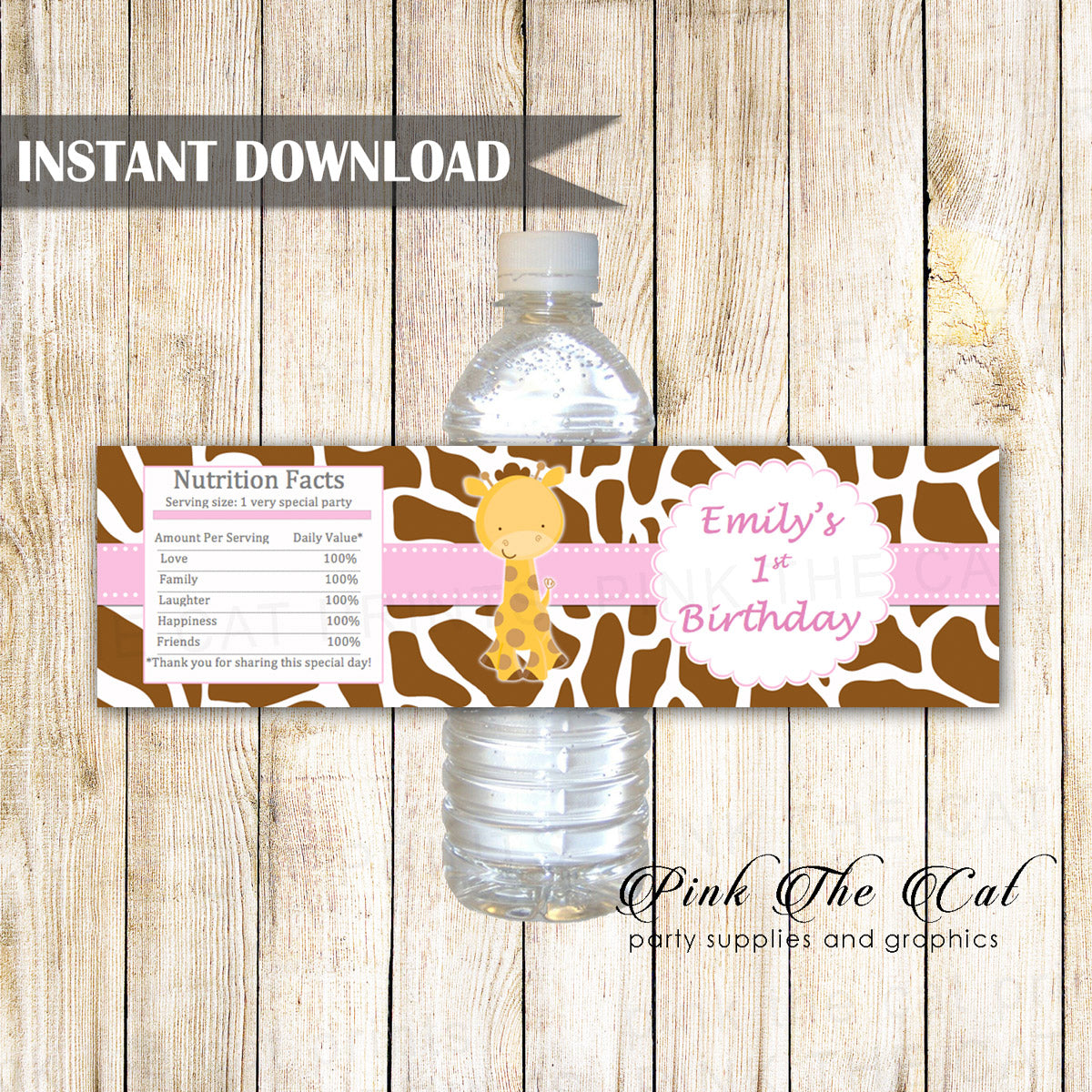 Giraffe Bottle Label Birthday Baby Shower Pink Brown Printable 