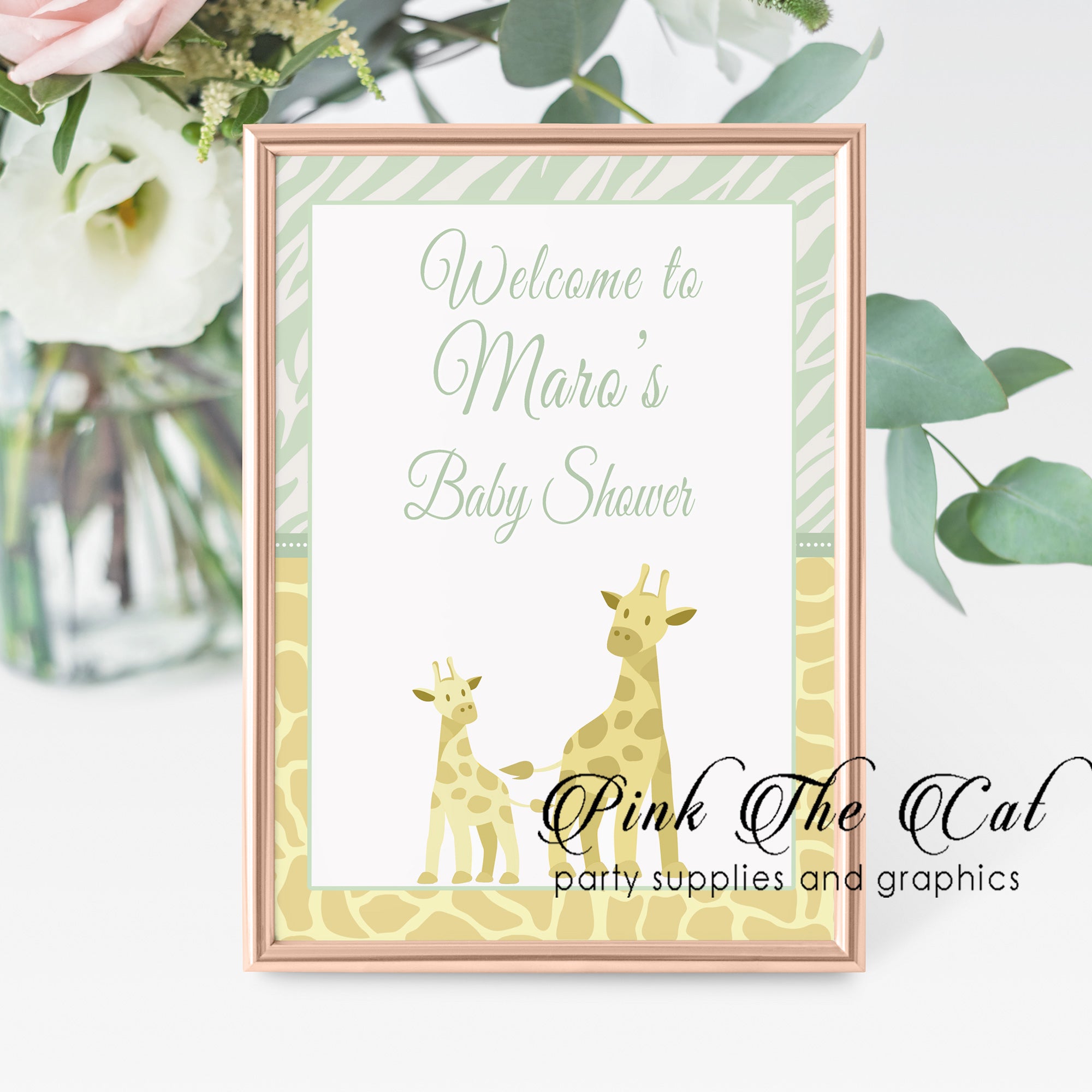 Mint yellow giraffes welcome sign printable